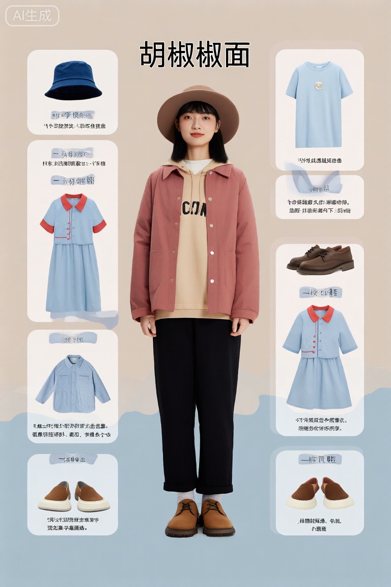 照片中央站着一名年轻女子,她穿着一件时髦的衣服：浅红色外套、米色卫衣、黑色裤子和棕色鞋子。她戴着一顶宽边帽。在她周围有四个区域,分别被标记为“换季服装”和“换季鞋子”。每个部分都包含各种服装和配饰。在“胡椒椒面”部分,左上角有一顶蓝色的水桶帽。一件浅蓝色衬衫,红领,扣子在左下角。一件浅蓝色连衣裙,红领,扣子在左下角。一件浅蓝色的t恤,右上方有一个小图案。右下角有一双棕色的鞋子。,有：右下方有一双棕色的鞋子。左下角是一双白色鞋底的棕色鞋子。右下角是一双白色鞋底的棕色鞋子。左下角是一双白色鞋底的棕色鞋子。背景是浅米色和浅蓝色的柔和渐变,创造了一个平静而中性的背景,突出了女人和衣服。形象的整体风格是干净和现代的,重点是服装和配饰。,信息表