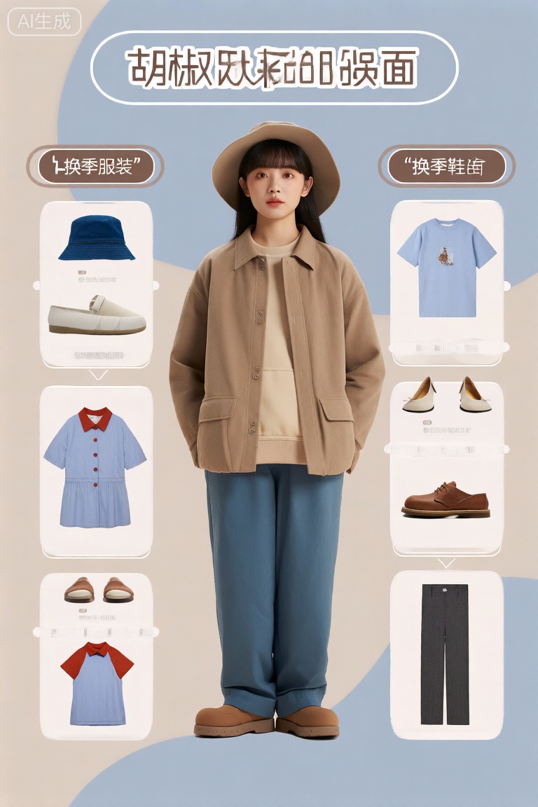 照片中央站着一名年轻女子,她穿着一件时髦的衣服：浅棕色外套、米色卫衣、蓝色裤子和棕色鞋子。她戴着一顶宽边帽。在她周围有四个区域,分别被标记为“换季服装”和“换季鞋子”。每个部分都包含各种服装和配饰。在“胡椒椒面”部分,左上角有一顶蓝色的水桶帽。一件浅蓝色衬衫,红领,扣子在左下角。一件浅蓝色连衣裙,红领,扣子在左下角。一件浅蓝色的t恤,右上方有一个小图案。右下角有一双棕色的鞋子。,有：右下方有一双棕色的鞋子。左下角是一双白色鞋底的棕色鞋子。右下角是一双白色鞋底的棕色鞋子。左下角是一双白色鞋底的棕色鞋子。背景是浅米色和浅蓝色的柔和渐变,创造了一个平静而中性的背景,突出了女人和衣服。形象的整体风格是干净和现代的,重点是服装和配饰。,信息表