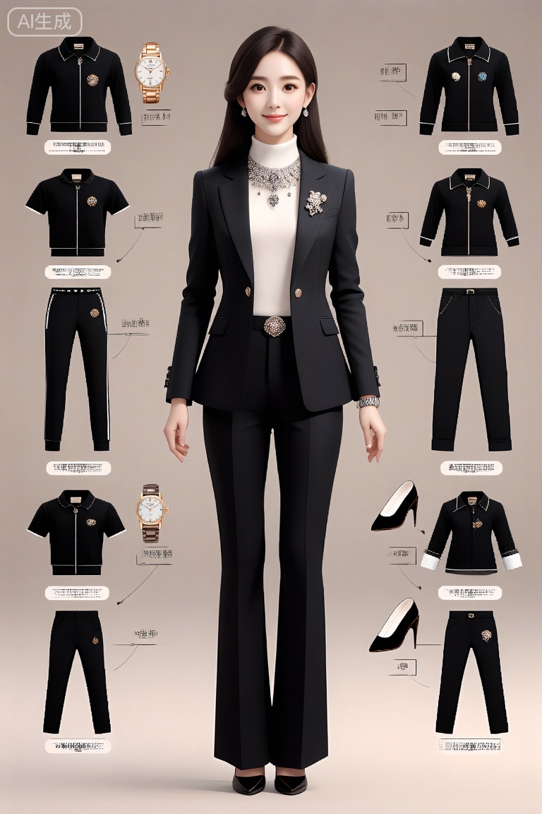 照片中,一名女子穿着精致的黑色西装,白色高领毛衣,戴着闪闪发光的项链。她佩戴着一枚胸针和一块手表。她的周围是各种黑色运动上衣和裤子的插图,每一件都标有汉字。这些运动上衣有不同的款式,包括双排扣和单排扣,有些还配有领章。这条裤子被描绘成经典的剪裁合身。此外,还有一只手表的插图,上面也标着汉字,还有一双高跟鞋。背景是中性的米色,强调黑色服装和服装项目的详细插图。。,信息表