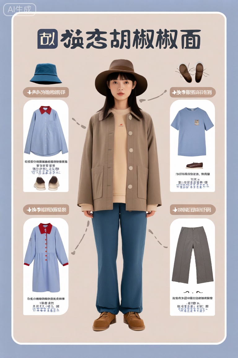 照片中央站着一名年轻女子,她穿着一件时髦的衣服：浅棕色外套、米色卫衣、蓝色裤子和棕色鞋子。她戴着一顶宽边帽。在她周围有四个区域,分别被标记为“换季服装”和“换季鞋子”。每个部分都包含各种服装和配饰。在“胡椒椒面”部分,左上角有一顶蓝色的水桶帽。一件浅蓝色衬衫,红领,扣子在左下角。一件浅蓝色连衣裙,红领,扣子在左下角。一件浅蓝色的t恤,右上方有一个小图案。右下角有一双棕色的鞋子。,有：右下方有一双棕色的鞋子。左下角是一双白色鞋底的棕色鞋子。右下角是一双白色鞋底的棕色鞋子。左下角是一双白色鞋底的棕色鞋子。背景是浅米色和浅蓝色的柔和渐变,创造了一个平静而中性的背景,突出了女人和衣服。形象的整体风格是干净和现代的,重点是服装和配饰。,信息表