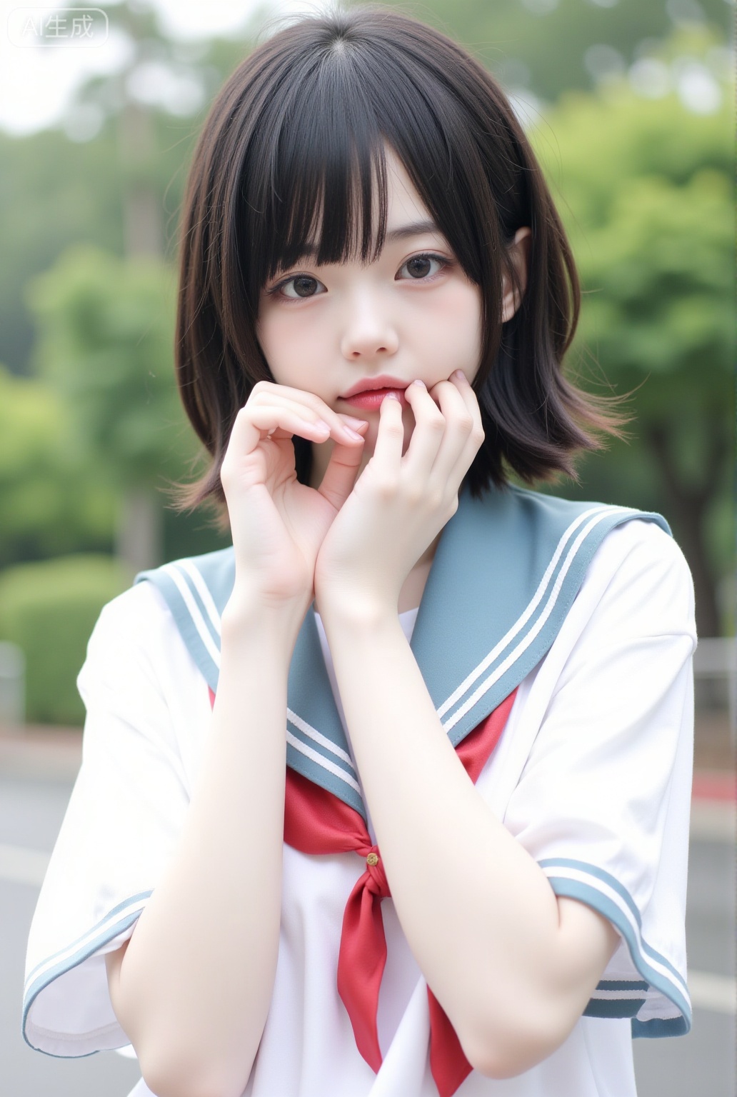 1girl,solo,looking at viewer,short hair,shirt,black hair,closed mouth,school uniform,white shirt,upper body,short sleeves,outdoors,day,serafuku,hand up,blunt bangs,sailor collar,blurry,black eyes,neckerchief,lips,blurry background,depth of field,bob cut,blue sailor collar,red neckerchief,realistic,red lips,asian
