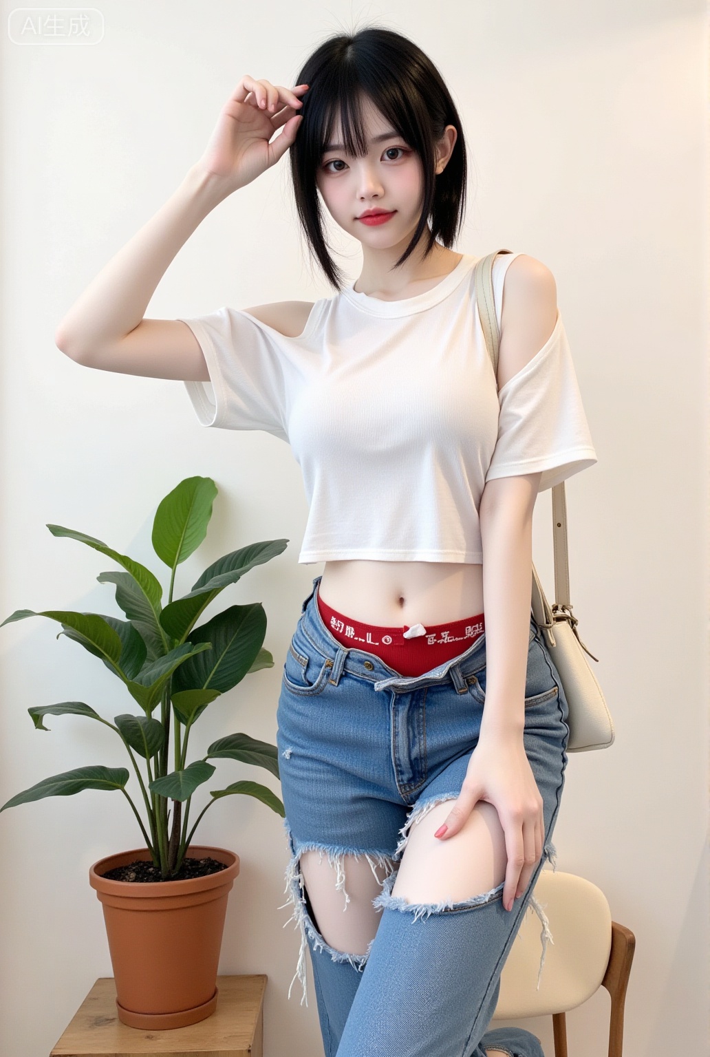 1girl,solo,breasts,looking at viewer,shirt,black hair,navel,underwear,standing,panties,midriff,pants,bag,lips,crop top,clothing cutout,highleg,plant,denim,jeans,realistic,highleg panties,potted plant,red panties,shoulder cutout