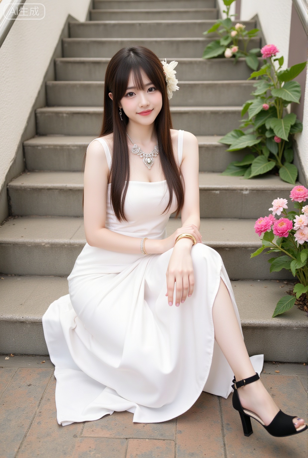 1girl,solo,long hair,looking at viewer,brown hair,dress,jewelry,full body,flower,necklace,black footwear,white dress,high heels,bracelet,kneeling,plant,stairs,realistic,