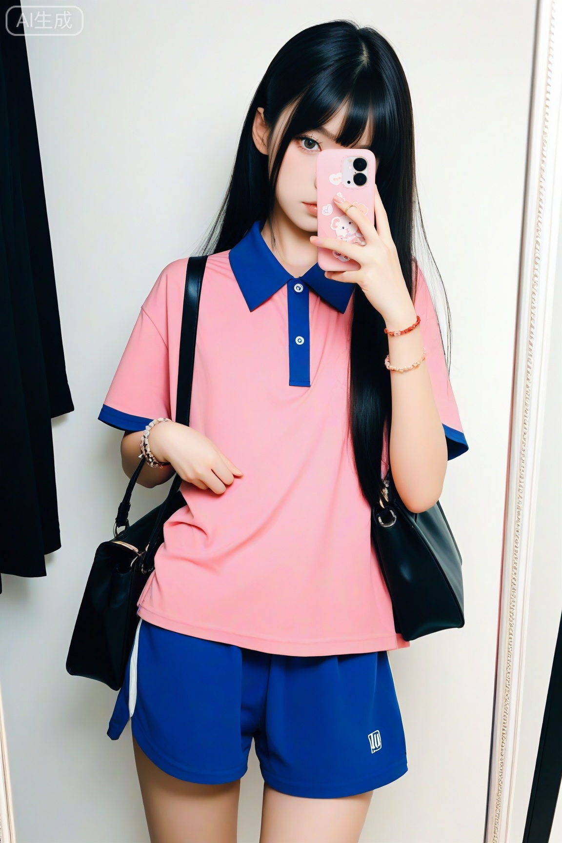 score_9, score_8_up, score_7_up,1girl, flat chest,oversized collared polo shirt,white wall,short sleeve,,blue shorts, dark hair,sad,,looking at viewer,selfie,holding pink phone,bracelet,dark bag,in mirror,long hair
