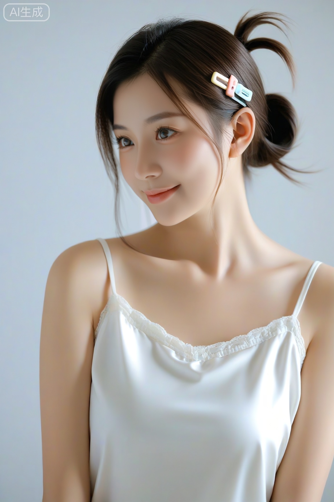score_9, score_8_up, score_7_up,realistic,1girl, solo,  upper body,folded ponytail,light smile,camisole,hair ornament,,cowlick,hairclip,hair tucking