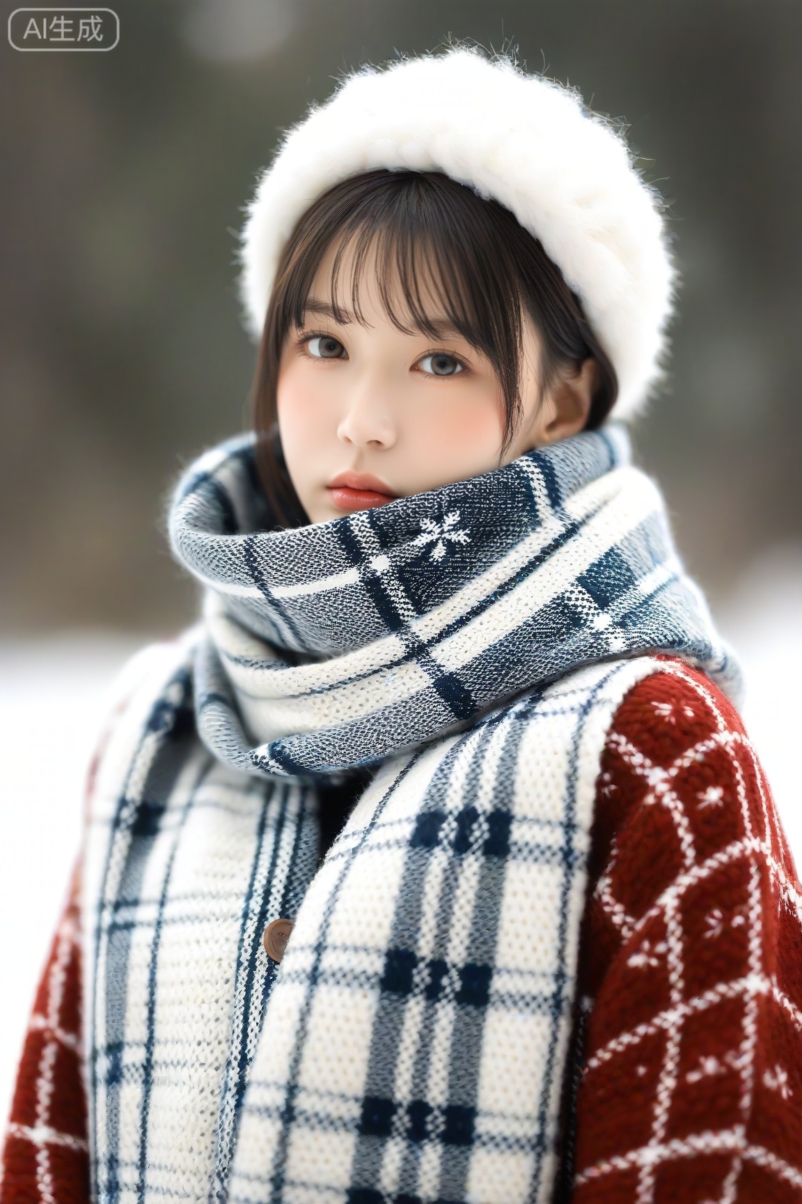 Photo of a young woman with fair skin and brown hair, wearing a thick, fluffy white knit hat and a red knitted sweater with a snowflake pattern. She is holding a black and white plaid scarf up to her face, partially covering her mouth. The background is blurred, with a cool blue color, suggesting a winter scene. Her eyes are looking directly at the camera, with a neutral expression. The lighting is soft and warm, creating a cozy atmosphere. The focus is on her face and scarf, with a shallow depth of field blurring the background. The overall mood is warm and inviting, despite the cold winter setting.
,score_9,score_8_up,score_7_up,source_real,realistic,photorealistic,