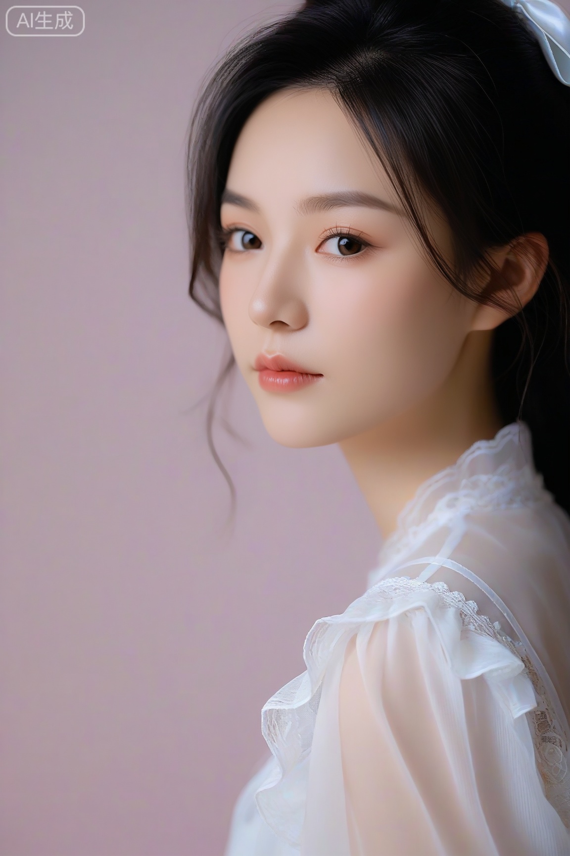 A serene portrait of a mysterious young woman, her soft gaze conveying a sense of quiet introspection. Her flowing dark hair cascades like a gentle stream, with a white ribbon subtly tied as if symbolizing purity. The lace detail of her blouse evokes a timeless, almost ethereal quality. The background is replaced with a smooth gradient, transitioning subtly from a soft pastel hue to a gentle, luminous tone, emphasizing her delicate features. The interplay of light and shadow on her face creates a poetic rhythm, allowing her elegance and beauty to stand out against the minimalist, dreamlike backdrop.
,score_9,score_8_up,score_7_up,source_real,realistic,photorealistic,