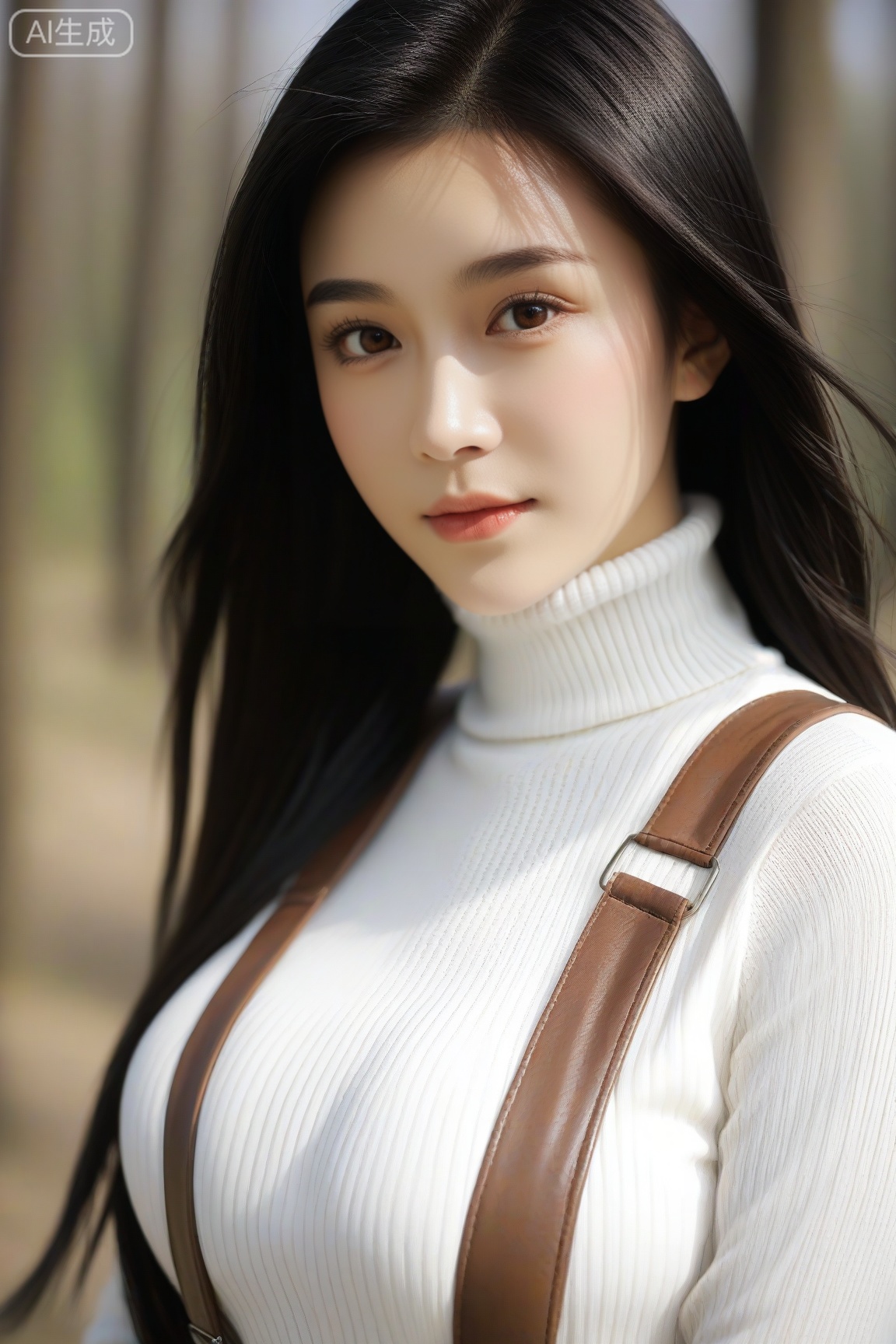 score_9, score_8_up, score_7_up, score_6_up, realistic, photo, dynamic angle, dramatic shadows, detailed face hair and eyes, detailed skin, depth of field, BREAK, 1girl, (cute:1.2), innocent and alluring, long hair, alternative vibe, brown eyes, large breasts, white turtleneck sweater, leather suspenders, portrait, outdoor, forest, looking at viewer, generous, serene