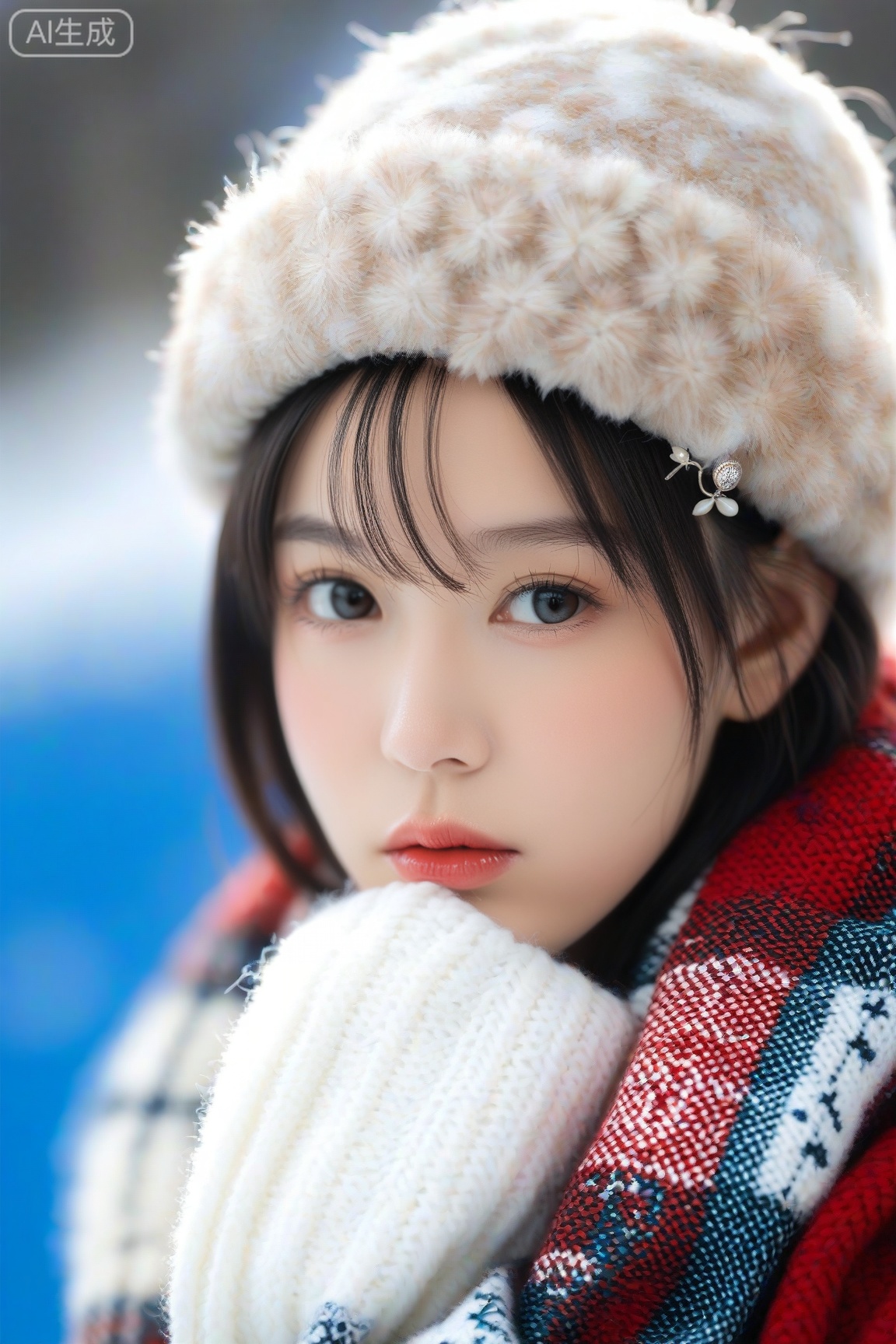 Photo of a young woman with fair skin and brown hair, wearing a thick, fluffy white knit hat and a red knitted sweater with a snowflake pattern. She is holding a black and white plaid scarf up to her face, partially covering her mouth. The background is blurred, with a cool blue color, suggesting a winter scene. Her eyes are looking directly at the camera, with a neutral expression. The lighting is soft and warm, creating a cozy atmosphere. The focus is on her face and scarf, with a shallow depth of field blurring the background. The overall mood is warm and inviting, despite the cold winter setting.
,score_9,score_8_up,score_7_up,source_real,realistic,photorealistic,
