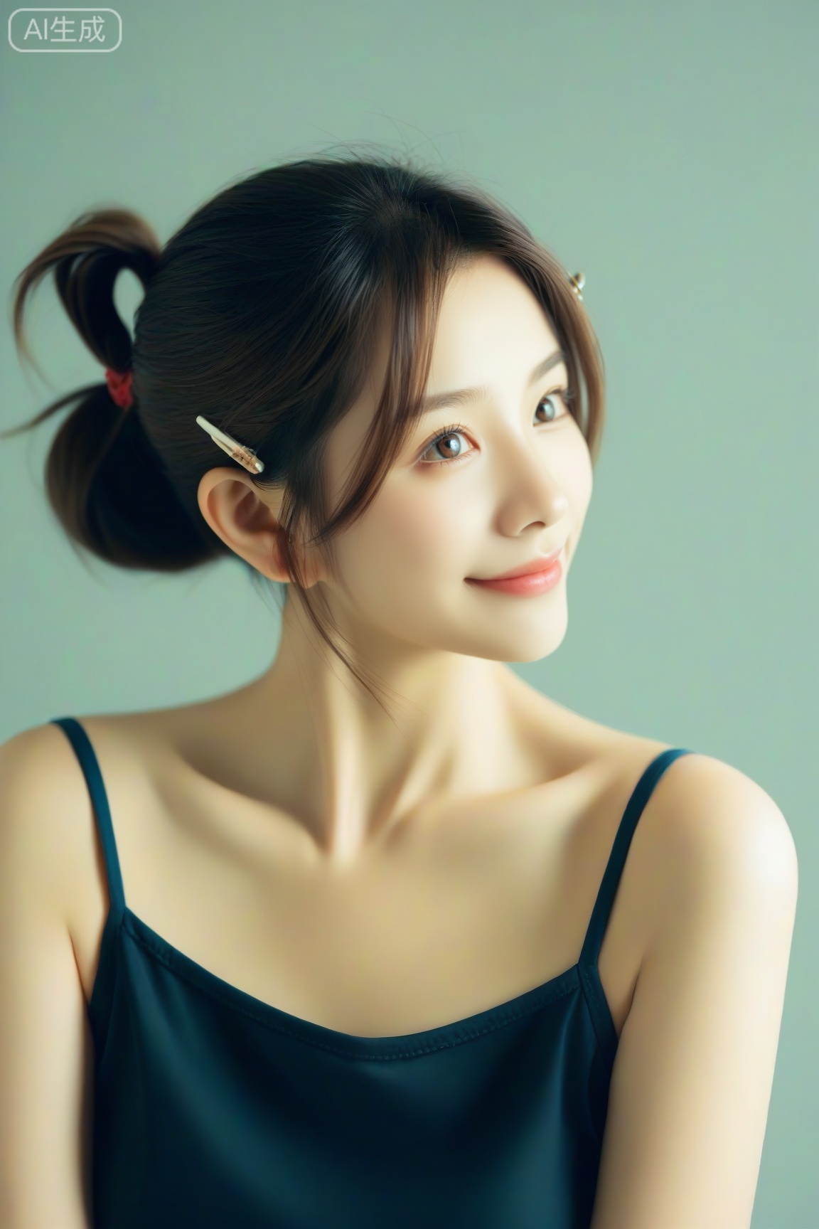 score_9, score_8_up, score_7_up,realistic,1girl, solo,  upper body,folded ponytail,light smile,camisole,hair ornament,,cowlick,hairclip,hair tucking