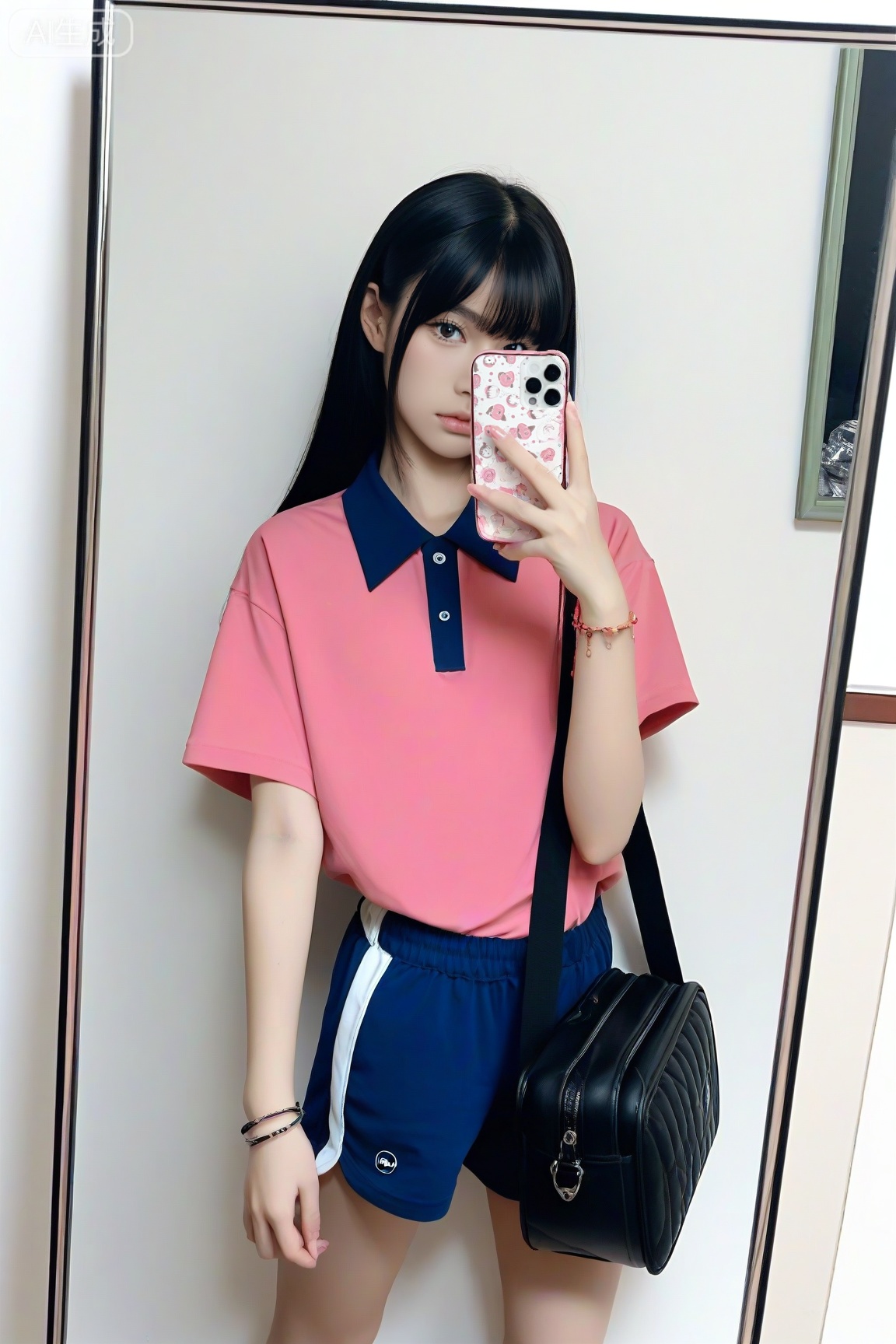 score_9, score_8_up, score_7_up,1girl, flat chest,oversized collared polo shirt,white wall,short sleeve,,blue shorts, dark hair,sad,,looking at viewer,selfie,holding pink phone,bracelet,dark bag,in mirror,long hair