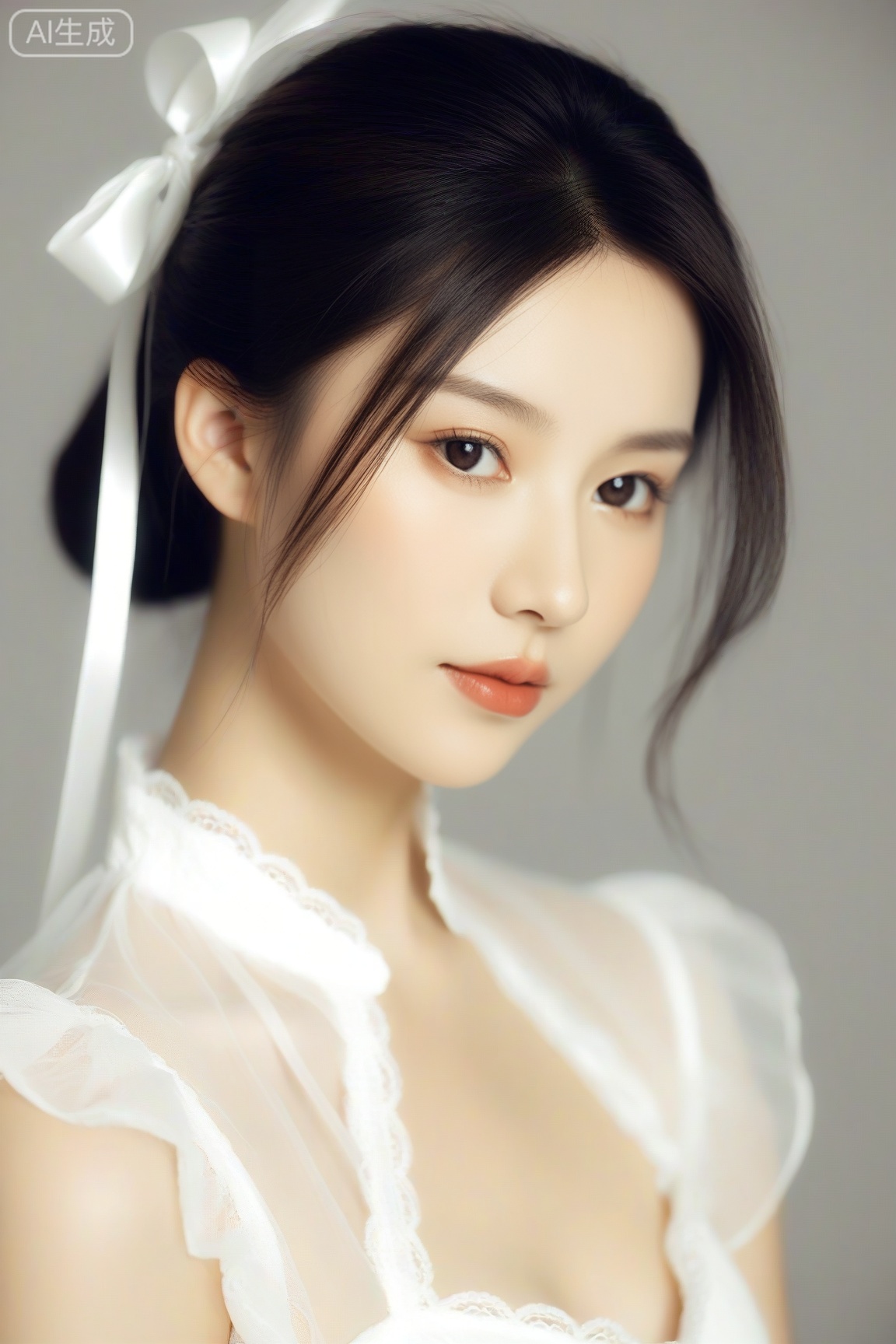 A serene portrait of a mysterious young woman, her soft gaze conveying a sense of quiet introspection. Her flowing dark hair cascades like a gentle stream, with a white ribbon subtly tied as if symbolizing purity. The lace detail of her blouse evokes a timeless, almost ethereal quality. The background is replaced with a smooth gradient, transitioning subtly from a soft pastel hue to a gentle, luminous tone, emphasizing her delicate features. The interplay of light and shadow on her face creates a poetic rhythm, allowing her elegance and beauty to stand out against the minimalist, dreamlike backdrop.
,score_9,score_8_up,score_7_up,source_real,realistic,photorealistic,