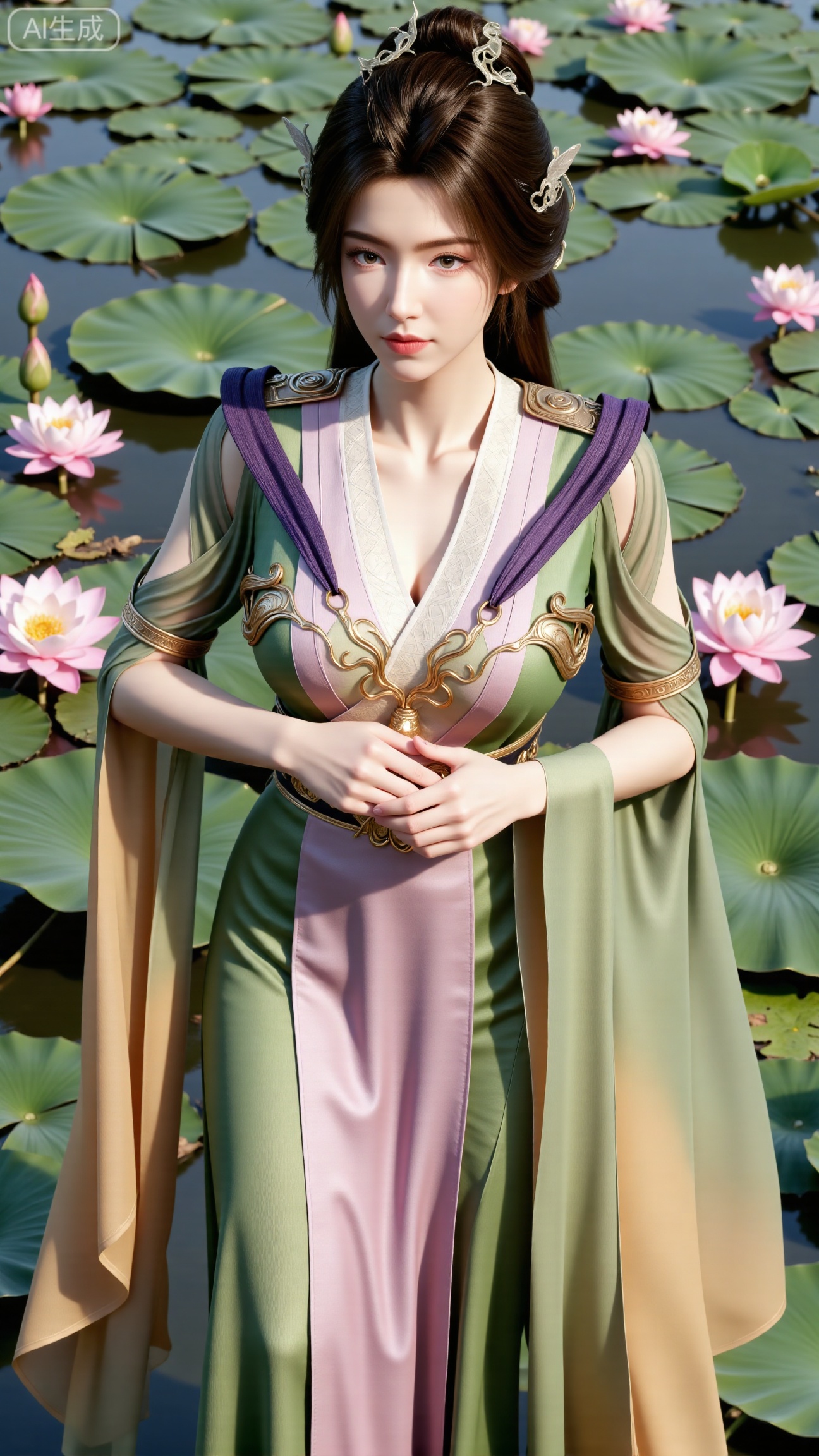 (masterpiece, best quality:1.2),1girl, navel, solo, midriff, bare shoulders, hair ornament,(long hair),(High double ponytail:1.19), red lips, BREAK, (looking at viewer:1.39), chinese clothes,(Holographic Color long dress:1.36), (lace,Rainbow Gradient Color:1.28), BREAK,blurry, solo focus, long hair, lips, daytime, lipstick, outdoors, standing,upper body,(huge breasts:2.89), background, solo, makeup,(Stockings, high heels:1.29),(huge breasts:2.99),(full breasts:2.99),,(Background with lotus pond and pink lotus flowers:1.39),XbaifengsongyuYH,Xbigbreasts,XxinruyinX,XxinruyinXM,XhnayunzhiXYH,XhanyunzhiXY