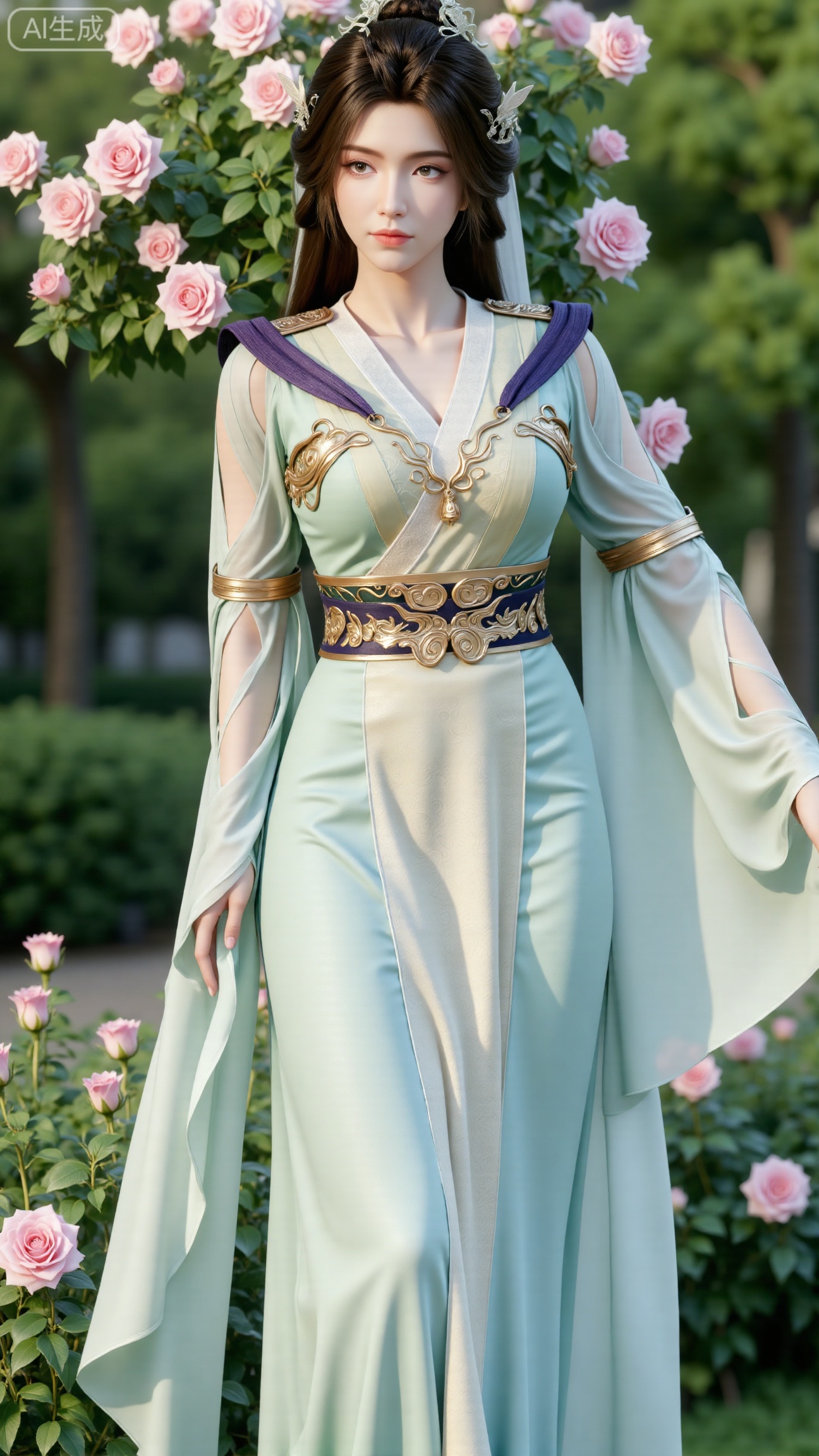  (masterpiece:1.2),best quality,,A woman adorned in traditional Chinese attire,( long dress,black long hair),featuring a flowing robe with intricate embroidery and floral accents. A garden filled with pink roses and lush greenery. Soft pastel hues of white,blue,and green,creating a serene atmosphere. Photorealistic photography.,(huge breasts:2.99),(full breasts:2.99),,XbaifengsongyuYH,Xbigbreasts,XxinruyinX,XxinruyinXM,XhnayunzhiXYH,XhanyunzhiXY