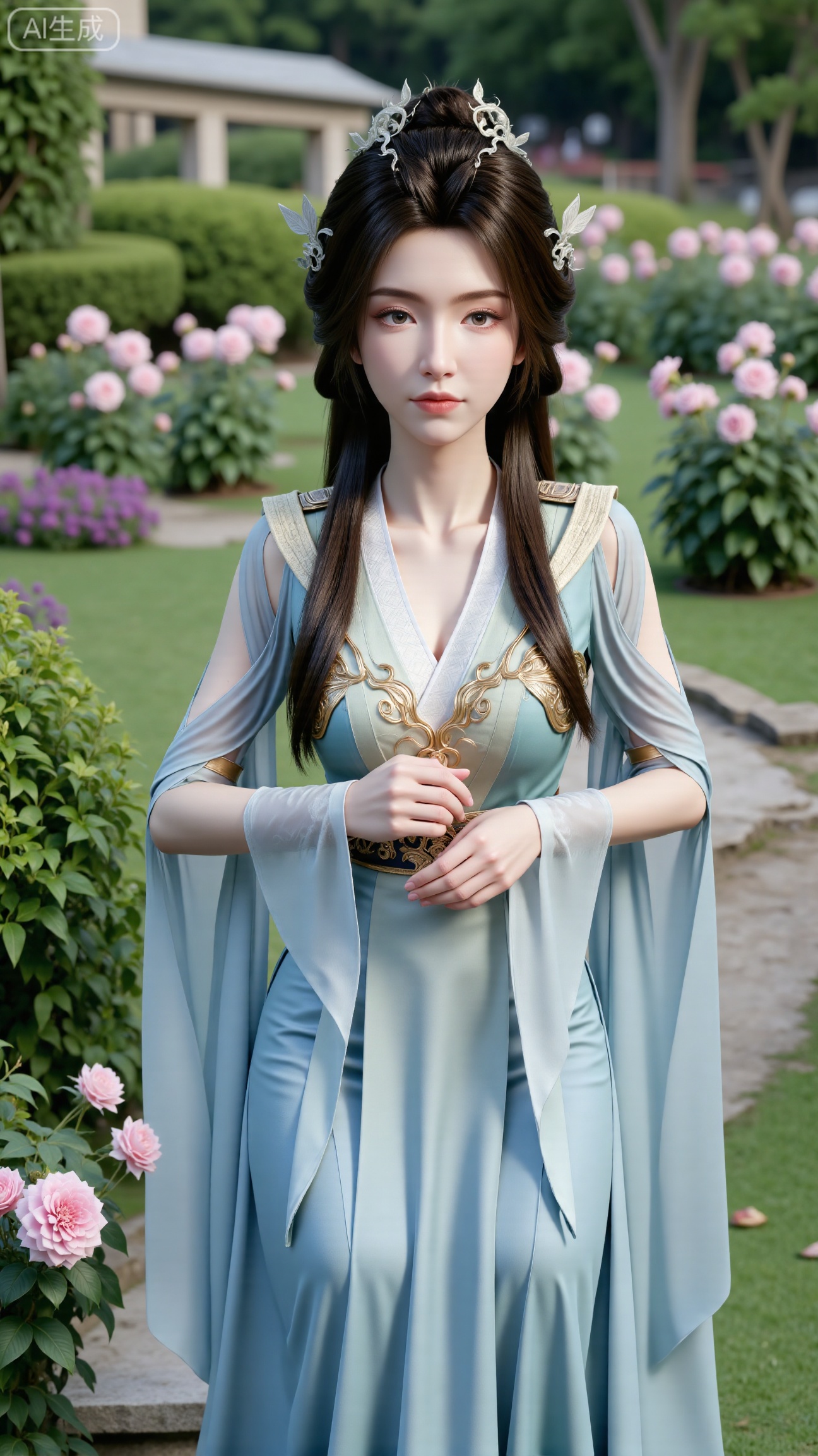  (masterpiece:1.2),best quality,,A woman adorned in traditional Chinese attire,( long dress,black long hair),featuring a flowing robe with intricate embroidery and floral accents. A garden filled with pink roses and lush greenery. Soft pastel hues of white,blue,and green,creating a serene atmosphere. Photorealistic photography.,(huge breasts:2.99),(full breasts:2.99),,XbaifengsongyuYH,Xbigbreasts,XxinruyinX,XxinruyinXM,XhnayunzhiXYH,XhanyunzhiXY