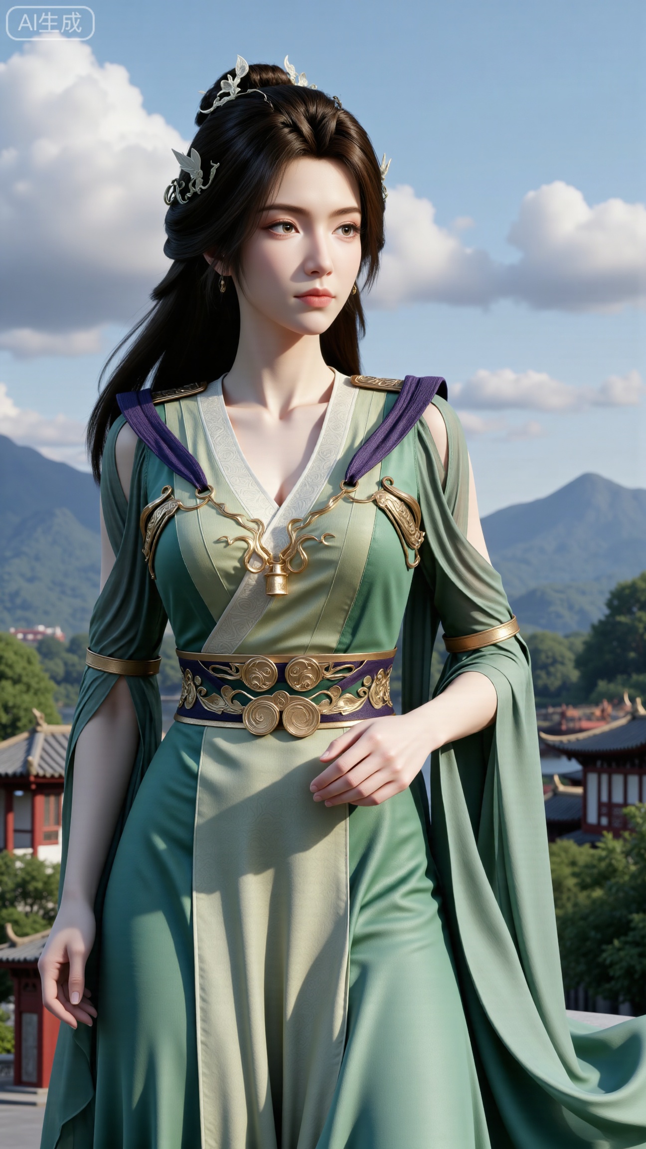 (masterpiece, best quality:1.2),1 girl, solo, long hair, black hair, hair accessories, clothing, cleavage cuts, long dress, jewelry, upper body, earrings. Background is outdoor, sky, clouds, water, trees, architecture, landscape, lantern, mountain, dragon, architecture, bridge, east Asian architecture, fog, pagoda,,(huge breasts:2.99),(full breasts:2.99),XbaifengsongyuYH,Xbigbreasts,XxinruyinX,XxinruyinXM,XhnayunzhiXYH,XhanyunzhiXY