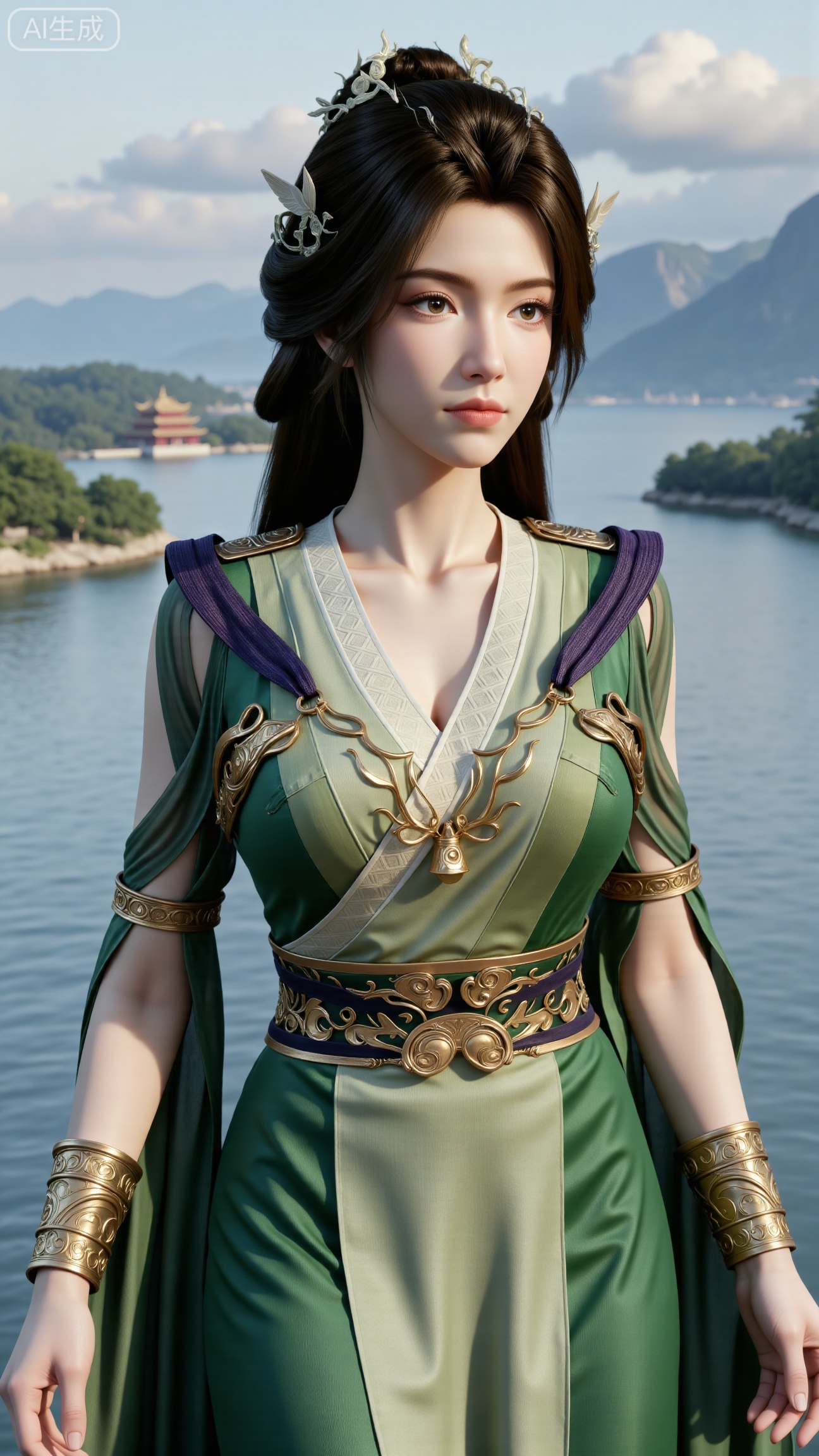 (masterpiece, best quality:1.2),1 girl, solo, long hair, black hair, hair accessories, clothing, cleavage cuts, long dress, jewelry, upper body, earrings. Background is outdoor, sky, clouds, water, trees, architecture, landscape, lantern, mountain, dragon, architecture, bridge, east Asian architecture, fog, pagoda,,(huge breasts:2.99),(full breasts:2.99),XbaifengsongyuYH,Xbigbreasts,XxinruyinX,XxinruyinXM,XhnayunzhiXYH,XhanyunzhiXY