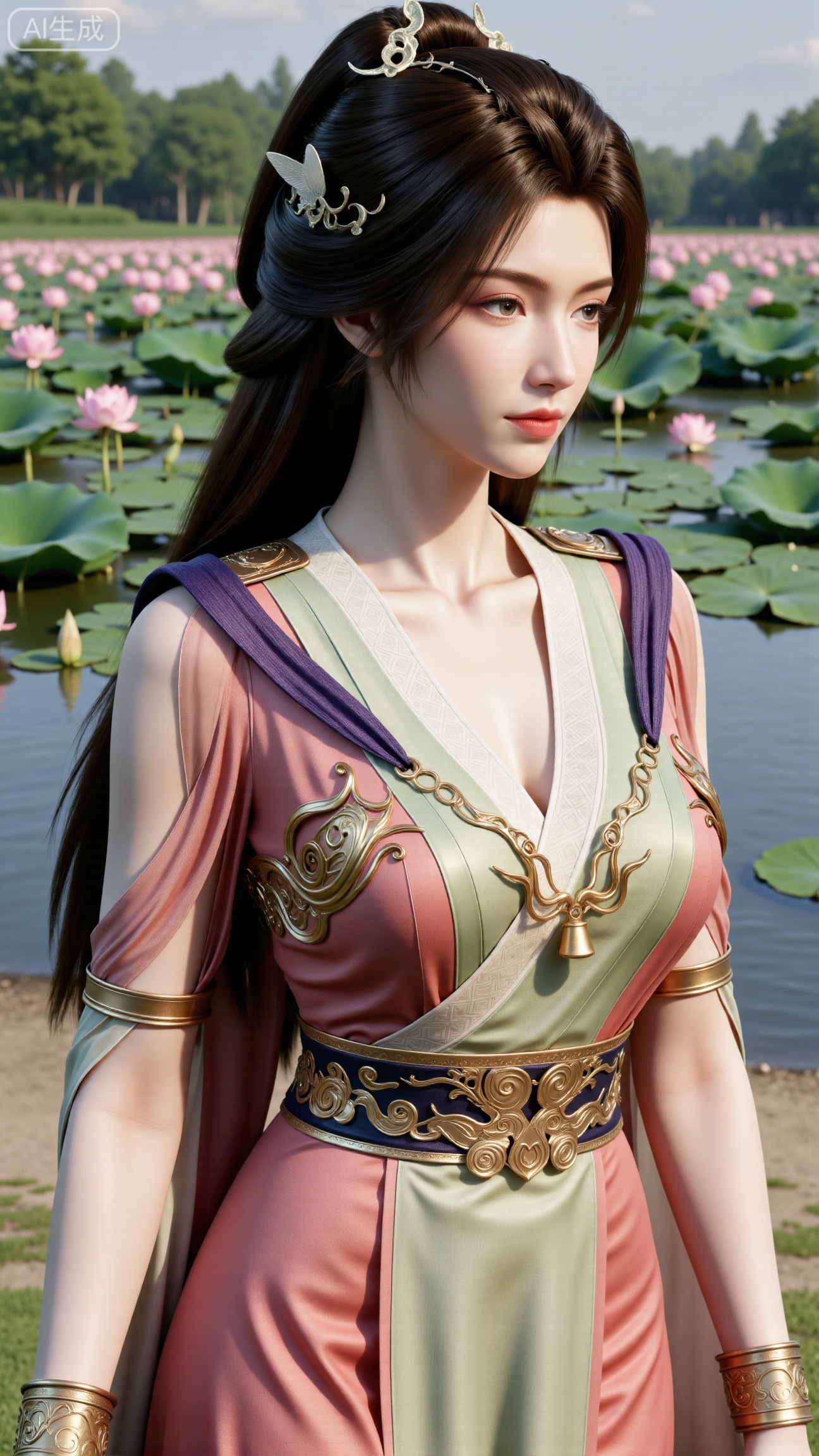 (masterpiece, best quality:1.2),1girl, navel, solo, midriff, bare shoulders, hair ornament,(long hair),(High double ponytail:1.19), red lips, BREAK, (looking at viewer:1.39), chinese clothes,(Holographic Color long dress:1.36), (lace,Rainbow Gradient Color:1.28), BREAK,blurry, solo focus, long hair, lips, daytime, lipstick, outdoors, standing,upper body,(huge breasts:2.89), background, solo, makeup,(Stockings, high heels:1.29),(huge breasts:2.99),(full breasts:2.99),,(Background with lotus pond and pink lotus flowers:1.39),XbaifengsongyuYH,Xbigbreasts,XxinruyinX,XxinruyinXM,XhnayunzhiXYH,XhanyunzhiXY