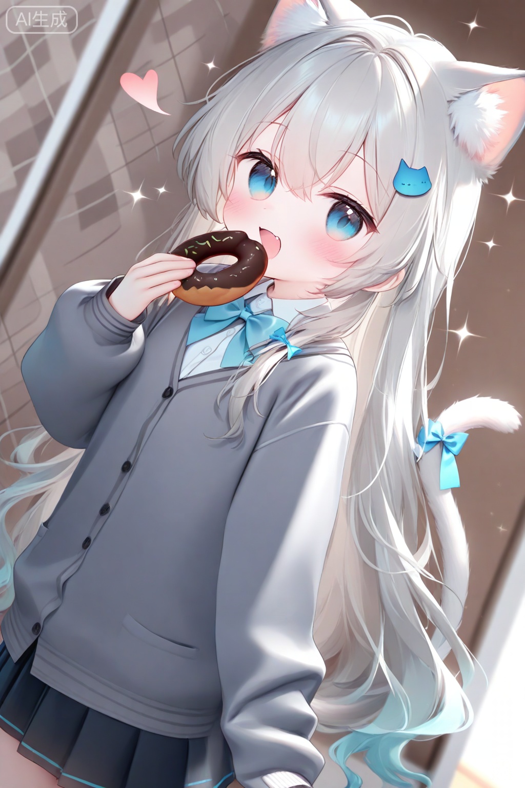 masterpiece,very aware,highres,absurdres,newest,best quality,loli,petite,high quality,chromatic_aberration,cinematic_angle,dutch angle, doughnut, 1girl, grey cardigan, animal ears, skirt, tail, cat tail, grey hair, shirt, argyle background, food, cat ears, black skirt, pleated skirt, cardigan, solo, blue eyes, white shirt, collared shirt, tail ornament, animal ear fluff, tail bow, holding, puffy long sleeves, cat girl, hair ornament, long hair, blue bow, bow, holding food, long sleeves, sleeves past wrists, very long hair, hairclip, puffy sleeves, cat hair ornament, looking at viewer, hair between eyes, smile, blush, open mouth, sparkle, dress shirt, :d, fang, hand up, fish hair ornament, eating, school uniform, two-tone background, grey sweater, tail ribbon, blue cardigan, grey jacket, heart, tail raised

