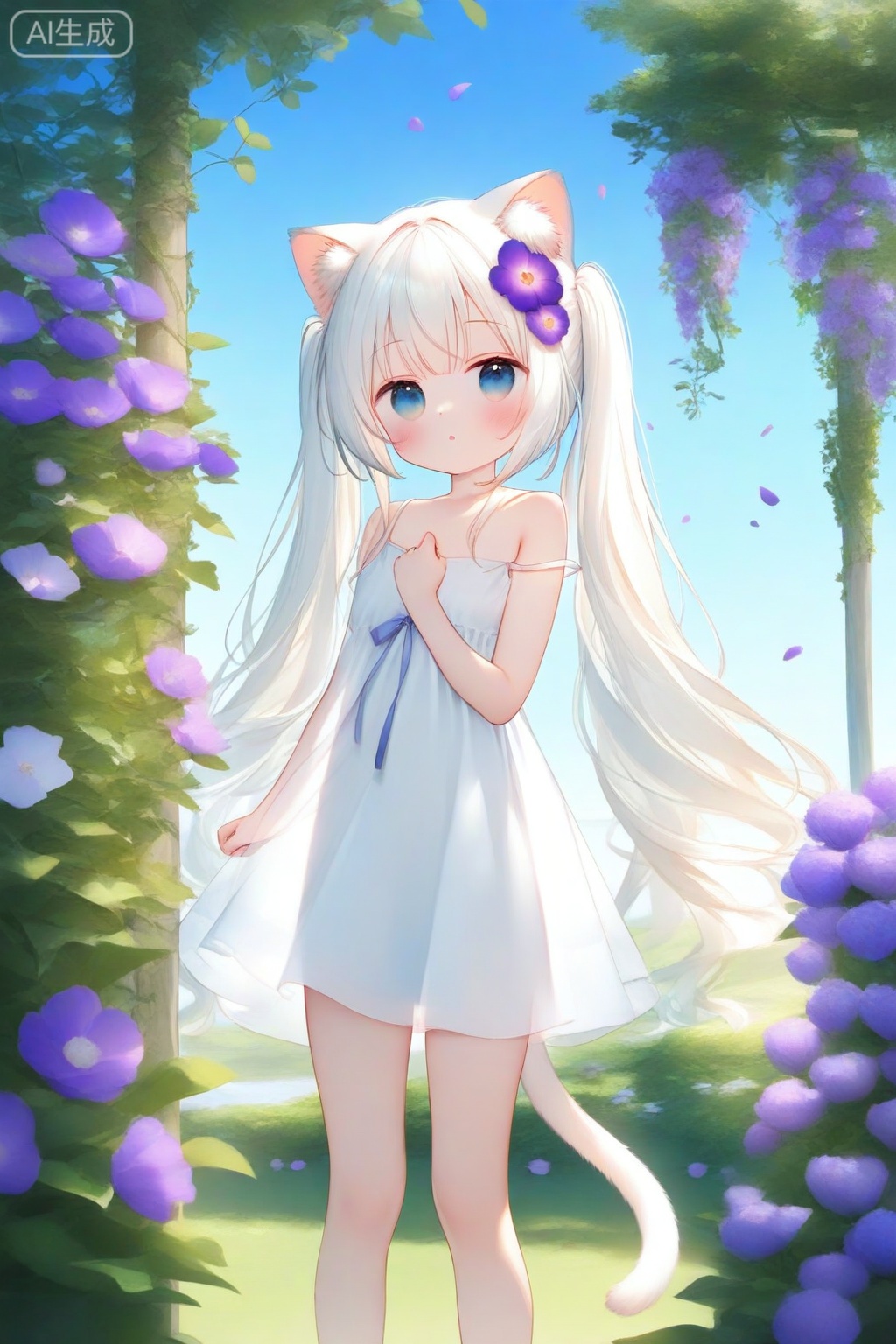 1girl, solo, animal ears, tail, dress, long hair, blue eyes, twintails, cat tail, cat ears, white hair, very long hair, cat girl, strap slip, flower, white dress, purple flower, bangs, looking at viewer, sky, parted lips, sleeveless dress, blush, outdoors, petals, sleeveless, see-through, animal ear fluff, bare shoulders, bare arms, bow, see-through silhouette, day, hair ornament, standing, blue sky, feet out of frame

