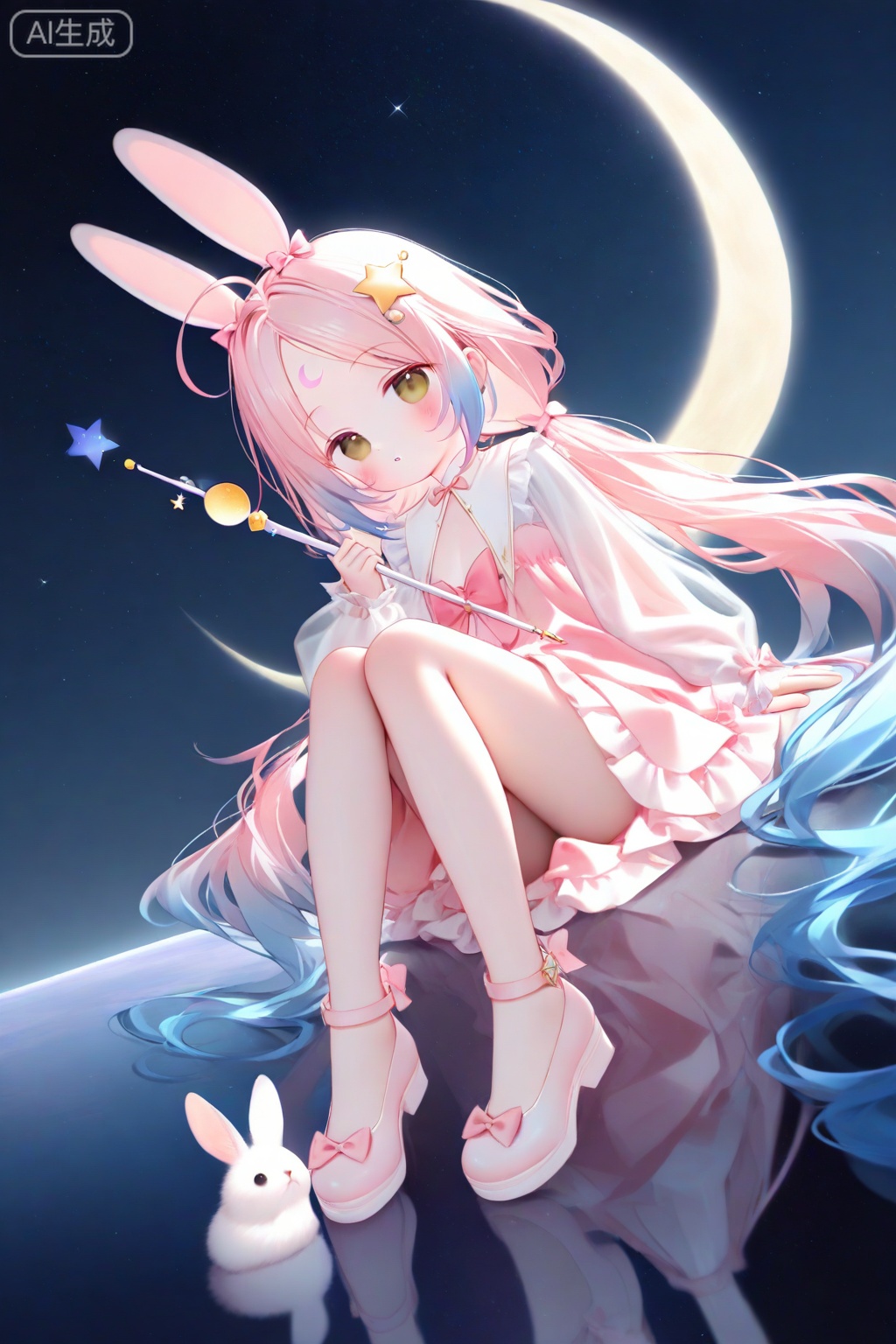 loli,petite,high quality,chromatic_aberration,cinematic_angle,dutch angle,  1girl, rabbit, white footwear, solo, pink hair, long sleeves, shoes, rabbit ears, long hair, crescent, puffy long sleeves, crescent moon, dress, parted bangs, very long hair, animal ears, star (symbol), animal, puffy sleeves, star (sky), closed mouth, smile, yellow eyes, holding, sky, looking at viewer, blush, low twintails, starry sky, moon, frilled dress, frills, pink dress, twintails, full body, ahoge, knees up, bow, multicolored hair, holding wand, hand up, rabbit hair ornament, sleeves past wrists, see-through, wand, see-through sleeves, hair ornament, gradient hair, pink footwear, facial mark, night sky, brown eyes, blue hair, night, frilled skirt, pink bow, forehead mark, shirt, pleated dress, sitting, white shirt, starry background, space, parted lips

