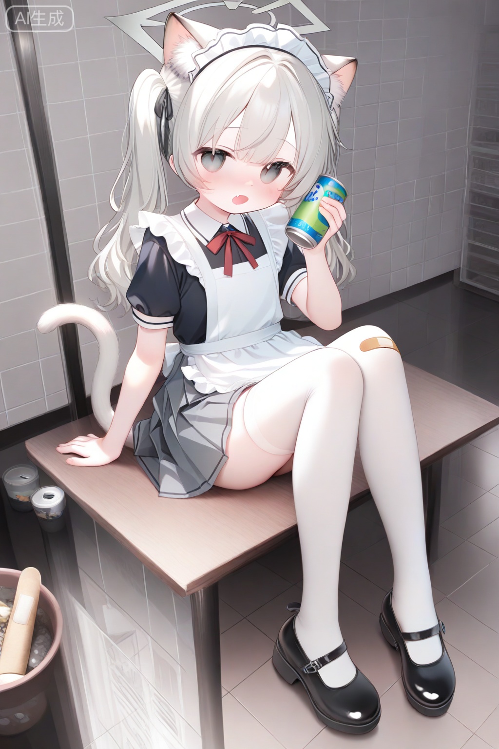 1girl, animal ear fluff, animal ears, apron, bandaid, bandaid on leg, black shirt, black shoes, blush, can, cat ears, cat girl, cat tail, double-parted bangs, fang, full body, grey eyes, grey hair, grey halo, grey skirt, grid background, halo, hand up, holding, holding can, knees up, long hair, looking at viewer, maid, maid headdress, mary janes, open mouth, pleated skirt, shirt, shoes, short sleeves, sitting, skin fang, skirt, solo, tail, thighhighs, twintails, white apron, white background, white thighhighs