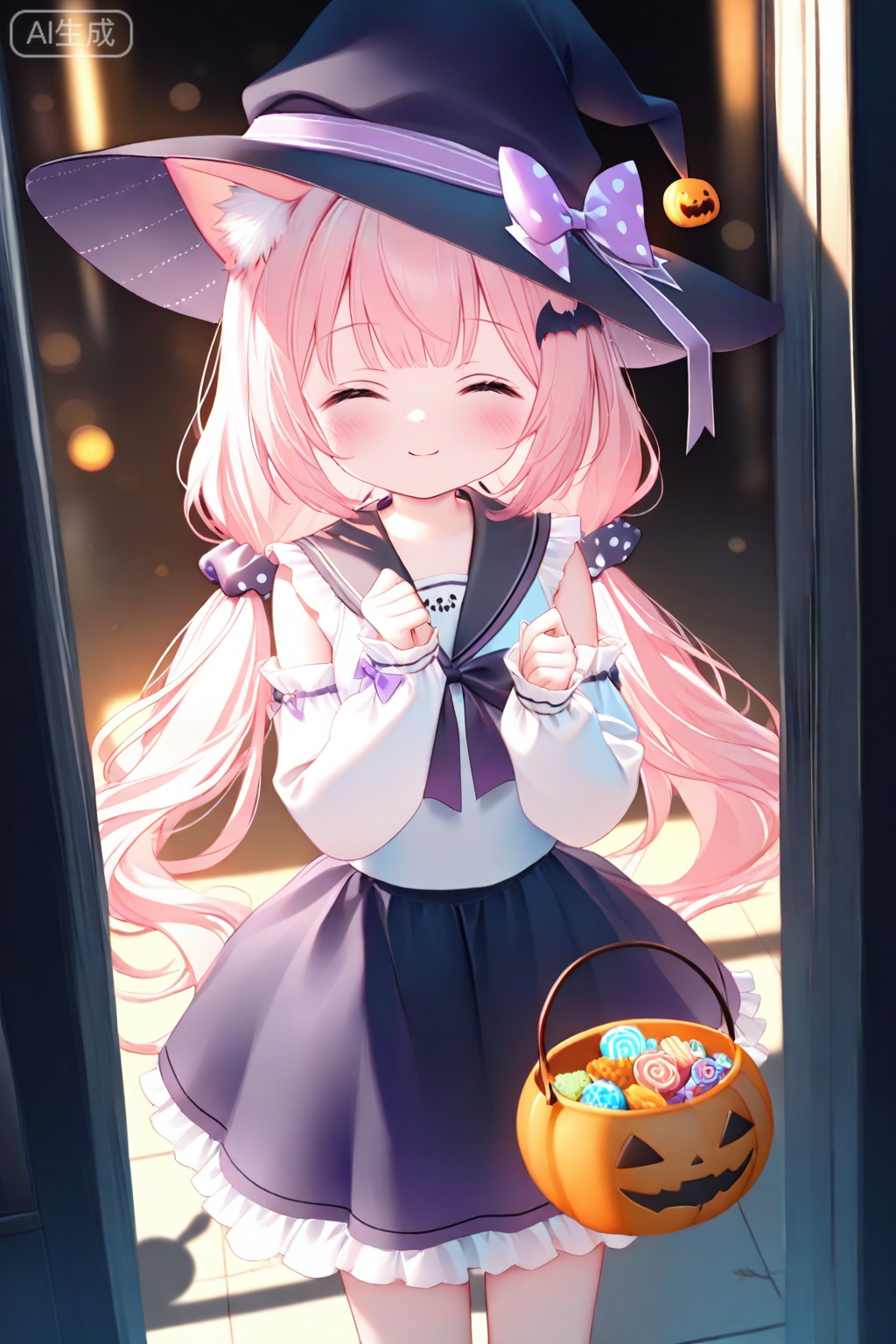 1girl, solo, witch hat, shirt, hat, animal ears, white shirt, closed eyes, facing viewer, pink hair, bow, skirt, hair ornament, twintails, blush, closed mouth, polka dot scrunchie, long sleeves, cat ears, smile, halloween bucket, animal ear fluff, frilled skirt, halloween, good shade, long hair, ^ ^, bangs, pink bow, holding, bat hair ornament, black skirt, striped, striped bow, frills, sleeveless, polka dot, food, very long hair, black headwear, polka dot bow, hands up, sleeves past wrists, black bow, detached sleeves, purple bow, purple skirt, cat girl, hat bow, black sailor collar


