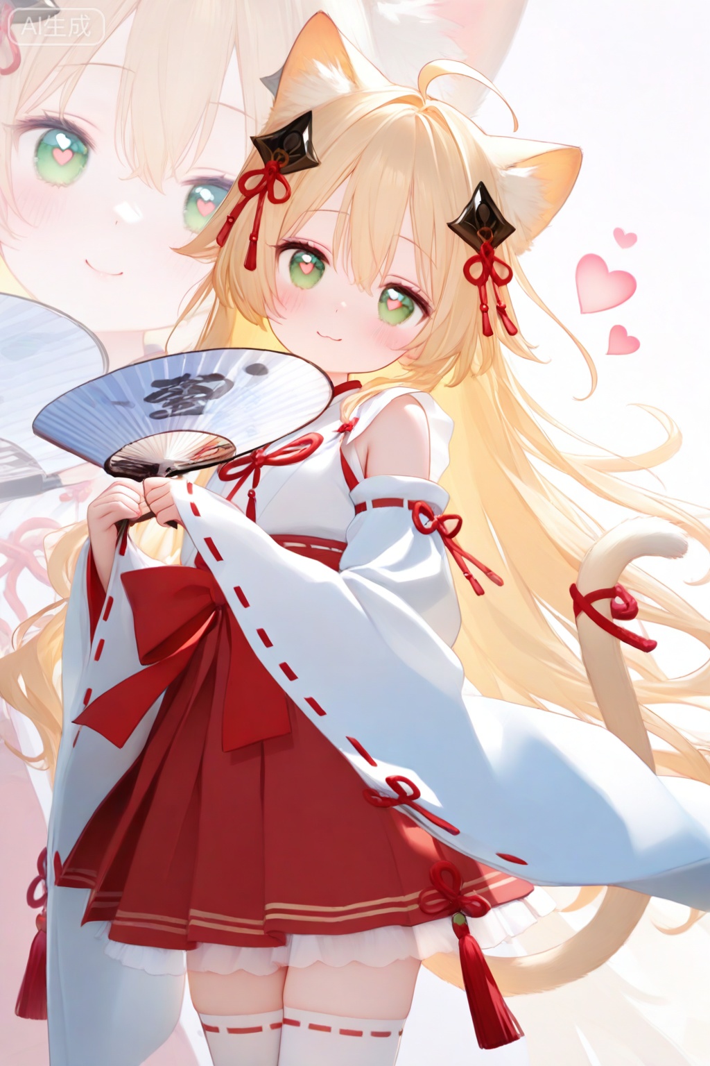 1girl, ahoge, animal ear fluff, animal ears, blonde hair, blush, bow, cat ears, cat girl, cat tail, closed mouth, cowboy shot, detached sleeves, folding fan, green eyes, hair between eyes, hair ornament, hakama, hakama skirt, hand fan, head tilt, heart, heart-shaped pupils, holding, holding fan, japanese clothes, long hair, long sleeves, looking at viewer, red skirt, ribbon-trimmed sleeves, ribbon trim, skirt, sleeves past wrists, smile, solo, symbol-shaped pupils, tail, thighhighs, very long hair, white background, white sleeves, white thighhighs, wide sleeves, zoom layer