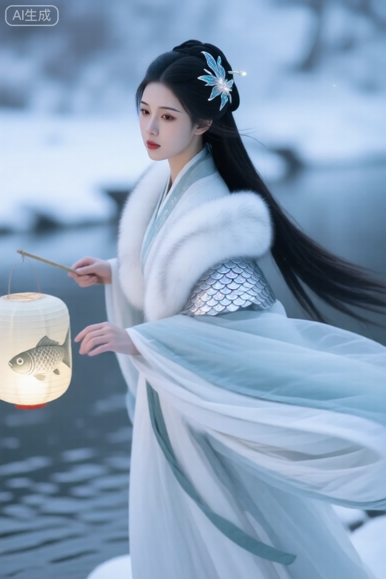 古风。画面定格,渲染,色彩搭配。氤氲,层次感,脸部局部有亮晶晶闪闪的鱼鳞片,鱼鳞片发饰发簪,发光粒子,穿貂毛汉服。裙摆飞舞。水波,拿着鱼灯。水岸。积雪。头发与服饰轮廓,整体风格清新,精致,朦胧,唯美,清冷少女,梦幻,符合场景的动作