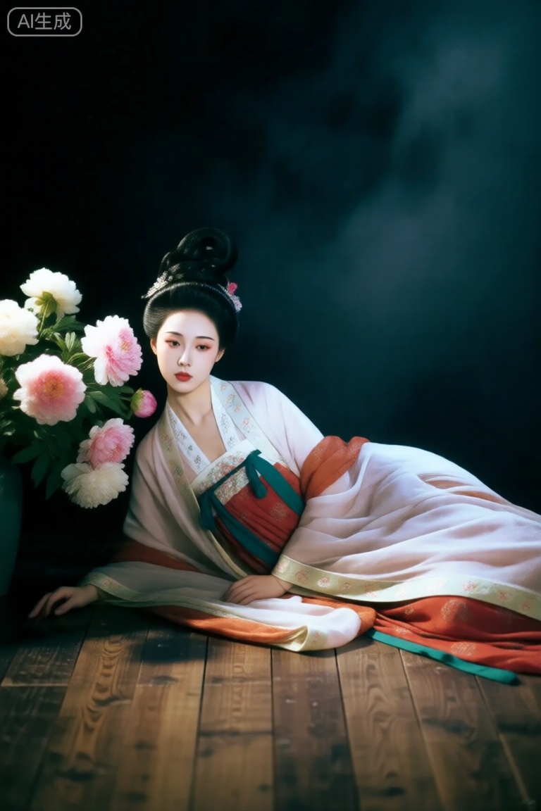 画面中央,古典风。色彩饱满有层次,高清,五官精致,妆容精致,身姿曼妙的年轻古代美女,汉服,汉代高发髻,木质地板上,古代美女穿着漂亮的汉服,慵懒的斜靠在牡丹花丛下,细节丰富,伦勃朗光,深色冷色调背景, 梦幻感。故事感,落寞氛围,朦胧,梦幻,神秘感
