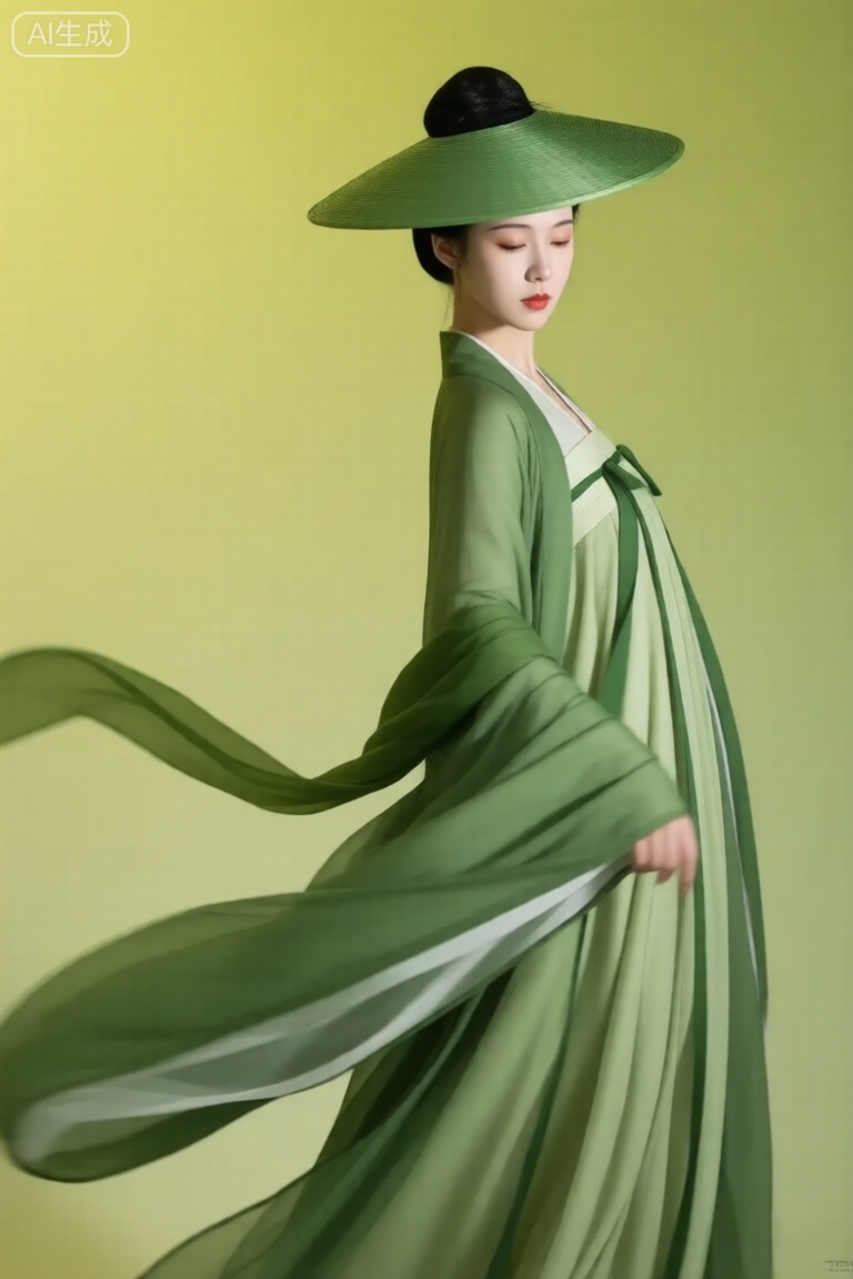 一位古代女子,草绿色宽边大帽子,低低的盘发,表情宁静、一件设计感的草绿色长袍,飘带随风飞舞,身材修长,纯色背景渐变黄绿色。