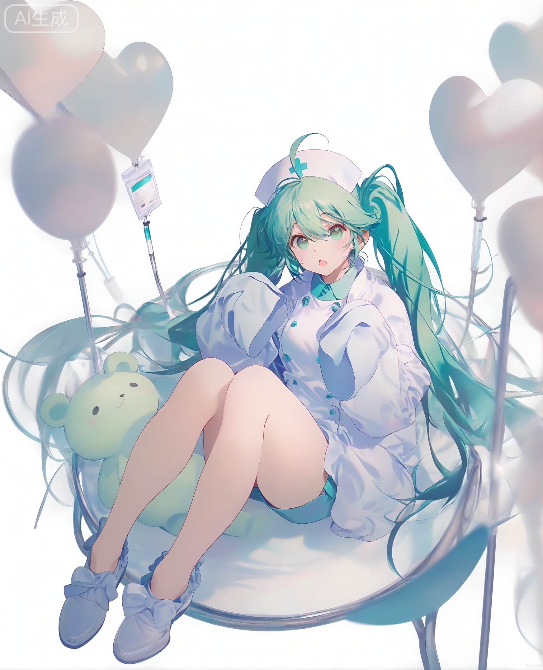 1girl, solo, long hair, looking at viewer, open mouth, bangs, simple background, shirt, long sleeves, hat, white background, hair between eyes, twintails, sitting, very long hair, green eyes, jacket, full body, ahoge, frills, green hair, shoes, shorts, :o, aqua eyes, sleeves past wrists, aqua hair, white headwear, stuffed toy, white footwear, white jacket, stuffed animal, sleeves past fingers, teddy bear, nurse cap, nurse, hatsune miku