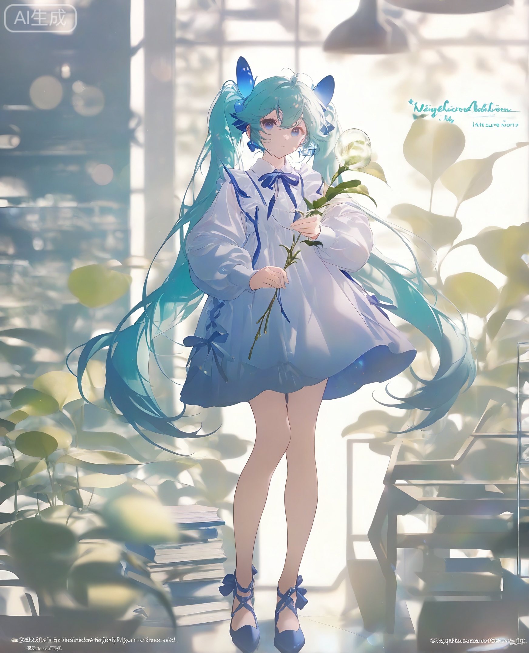 1girl, solo, long hair, looking at viewer, blue eyes, long sleeves, dress, holding, very long hair, closed mouth, blue hair, full body, english text, official alternate costume, book, aqua hair, copyright name, plant, book stack, hatsune miku