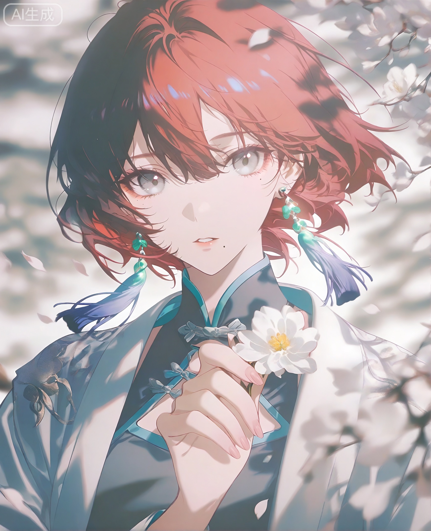 1girl, solo, looking at viewer, short hair, bangs, shirt, holding, hair between eyes, jewelry, jacket, upper body, flower, red hair, earrings, parted lips, mole, grey eyes, petals, chinese clothes, white flower, tassel, mole under mouth, holding flower, tassel earrings