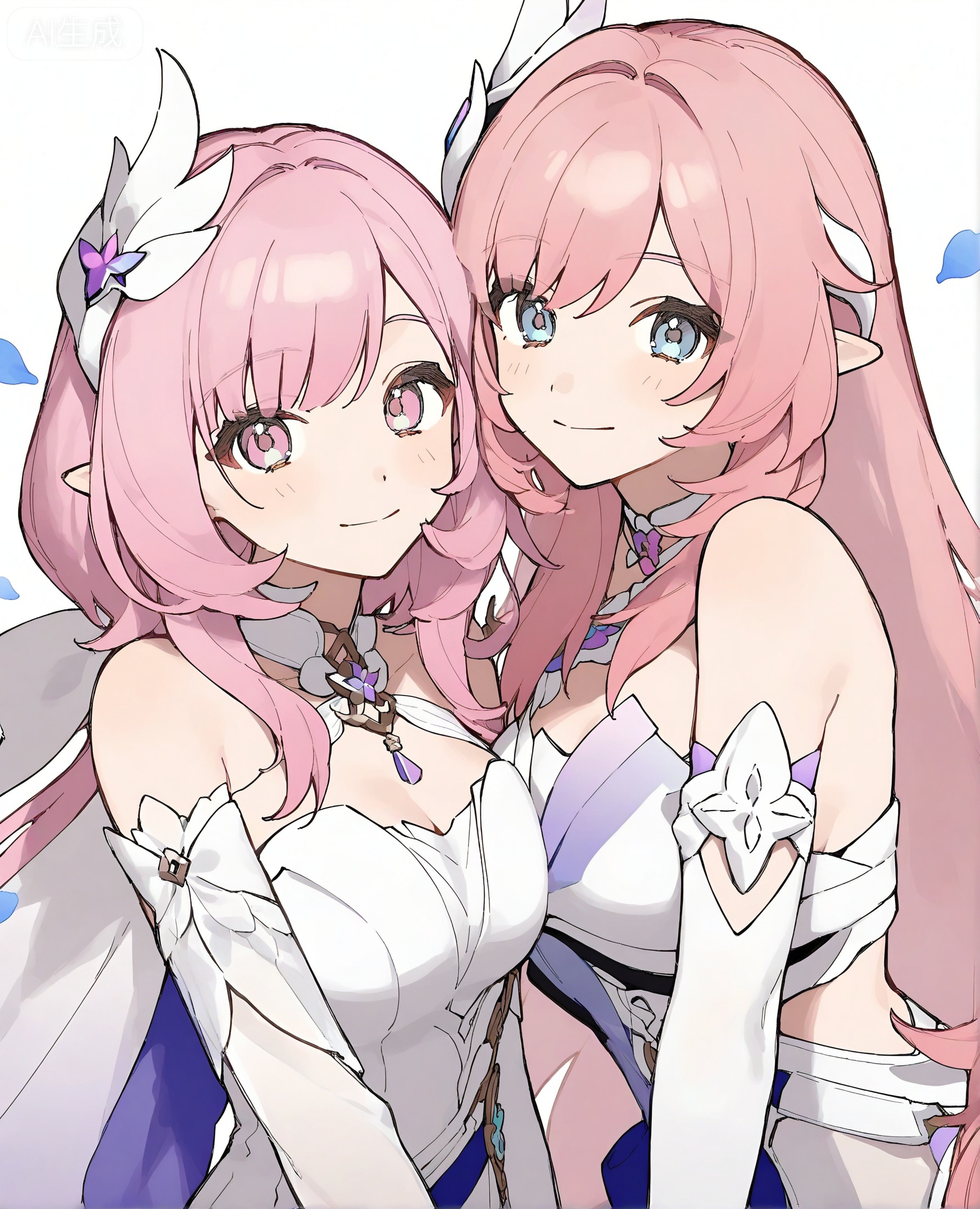 long hair, breasts, looking at viewer, smile, bangs, blue eyes, multiple girls, simple background, hair ornament, gloves, long sleeves, white background, dress, 2girls, hair between eyes, bare shoulders, closed mouth, purple eyes, pink hair, pointy ears, white gloves, pink eyes, white dress, petals, elysia \(honkai impact\)