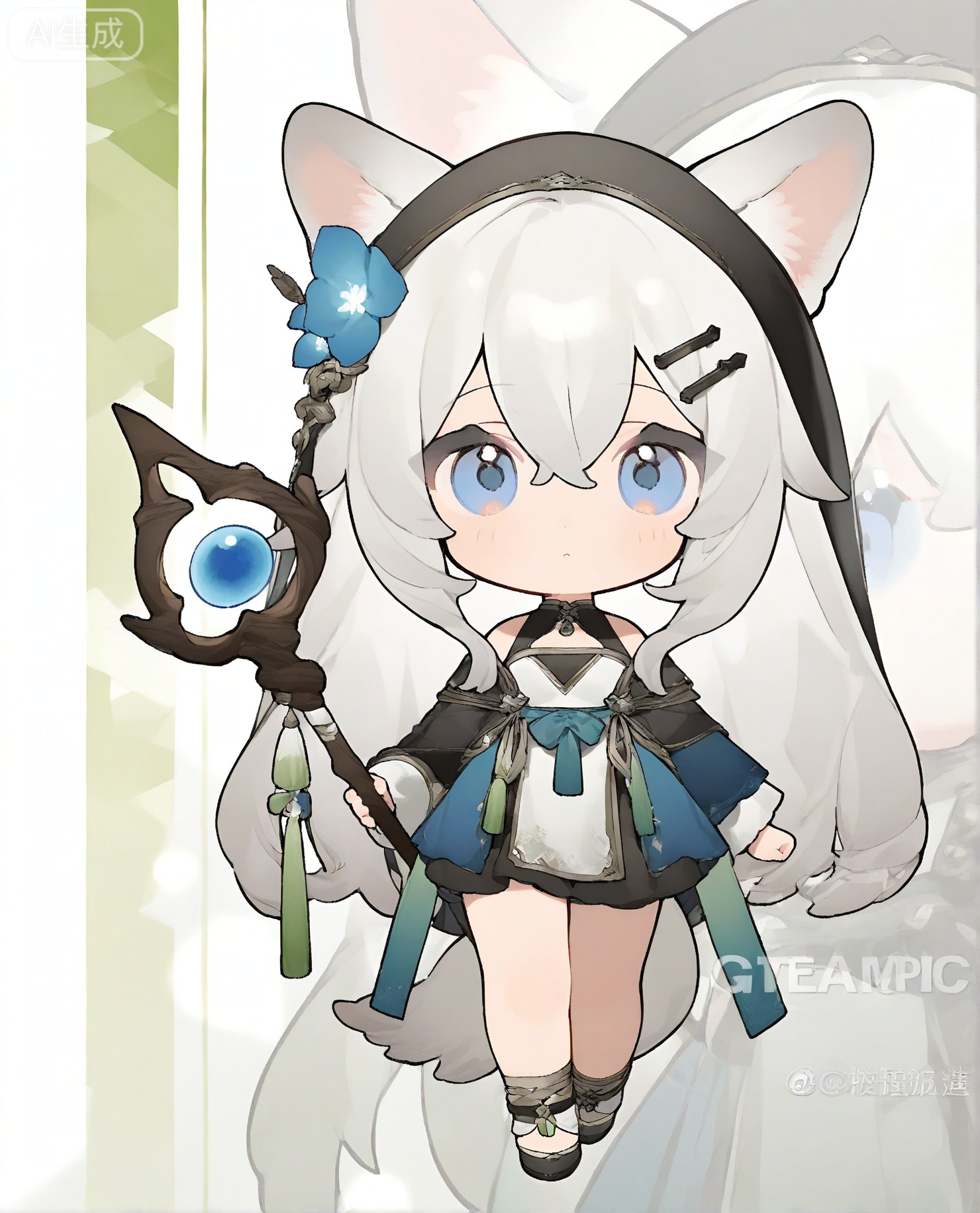 1girl, solo, long hair, looking at viewer, blue eyes, hair ornament, dress, holding, animal ears, hair between eyes, standing, tail, full body, white hair, chibi, watermark, wolf ears, staff, wolf tail, zoom layer, wolf girl, sample watermark