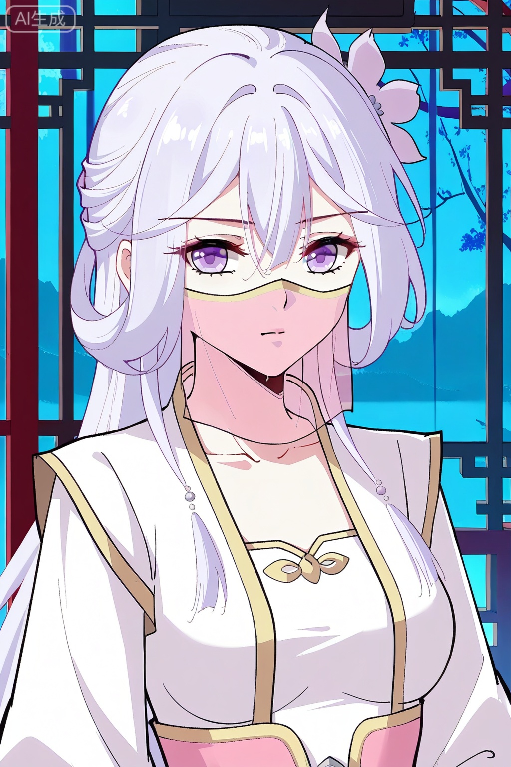 楚倾城,1girl,solo,hair between eyes, silver hair, light lilac hair, white hair flower, hair ornament, purple eyes, medium breasts, bangs backwards,  chinese clothes, white dress, collarbone, mouth veil, collored veil, pink veil,