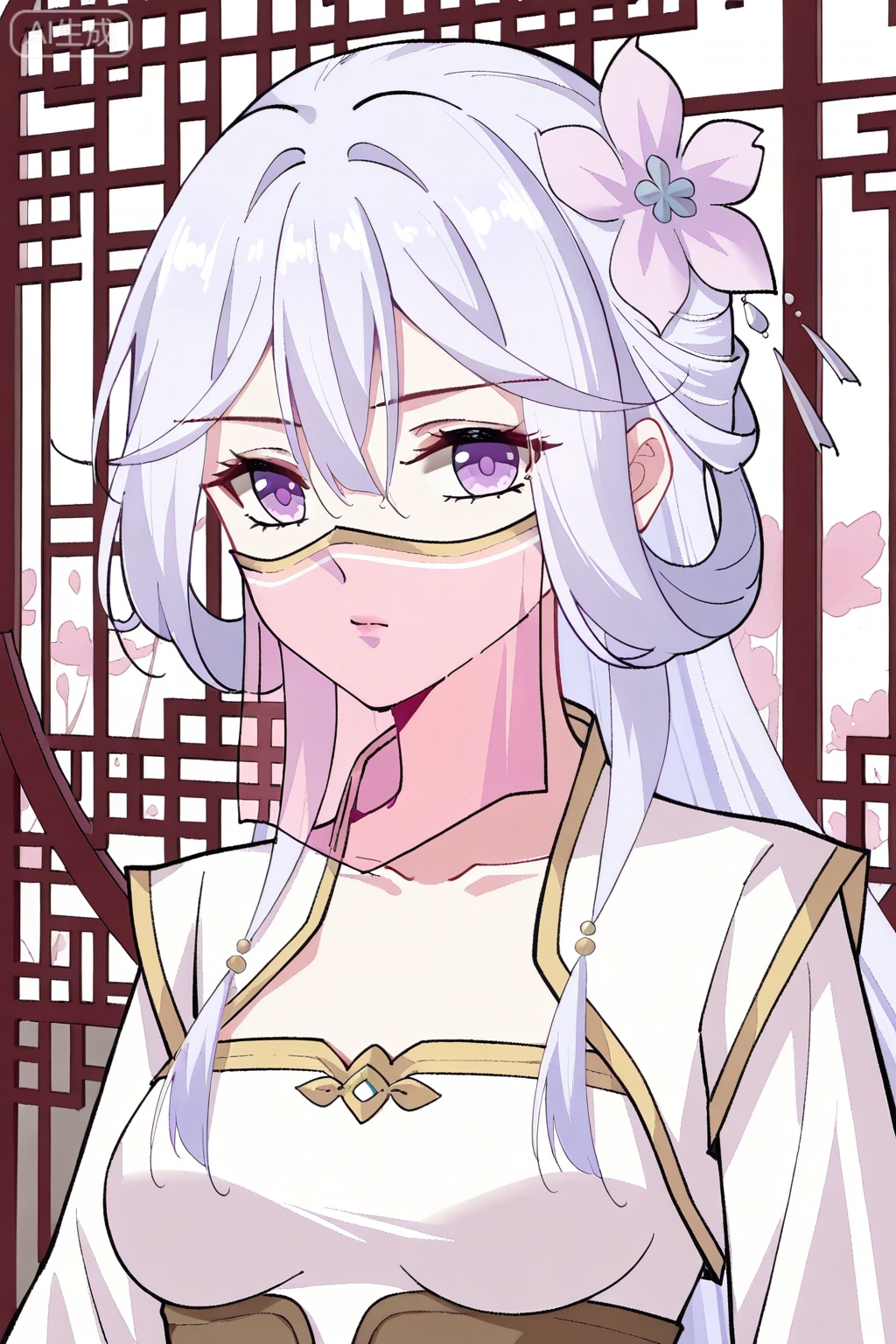 楚倾城,1girl,solo,hair between eyes, silver hair, light lilac hair, white hair flower, hair ornament, purple eyes, medium breasts, bangs backwards,  chinese clothes, white dress, collarbone, mouth veil, collored veil, pink veil,