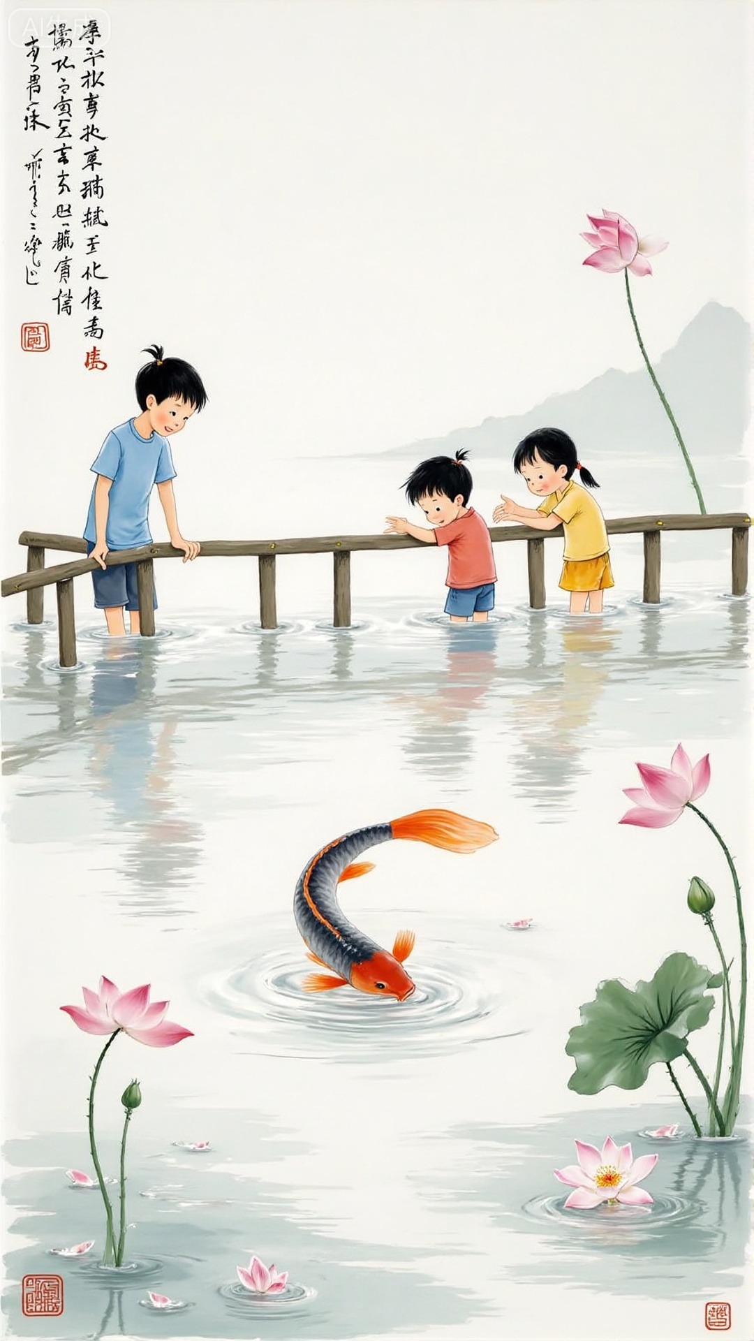 In the Chinese style ink and water lotus pond, a grass carp (thick ink hooks the body, light ink fins) wanders among the lotus flowers. The lotus flowers dot petals with cinnabar and burnt ink paint lotus pods. The lotus leaves are divided into two layers of thick and light (near-field deep ink and far-range light shadow); wooden railings are set up on the shore (ink outlines the outline, the wood color is light), and 3 children (simple ink shape, light blue and light pink and light color) are lying on the railing, with their posture stretched out - 1 bent over to look at the fish, 1 holds the chin and smiles lightly, and 1 stretches out his hand as if he wants to touch the water surface; the background is light gray to smudge the shadow of the distant mountains, and the water surface is lightly swipes the light ink ripples, creating the classical artistic conception of "children watching fish", with concise brushing but full of life atmosphere.