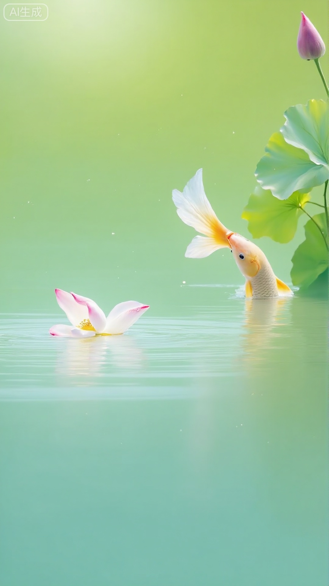 The lotus is swaying in light colors, 2 grass carp (the body has a light blue-gray luster, and the posture is soothing when swimming) swims slowly on the water surface, occasionally close to the bottom of the lotus leaves; the lotus is a soft color of light pink and beige, and the lotus leaves are tender green (partially floating on the water surface, partly erected out of the water surface), and there are fine sunlight spots on the leaves; the water surface is light ripples, and a few wisps of algae float on the edge, the background is blurred light green reeds, the light is a warm afternoon soft light, the overall color is fresh and not dazzling, the brushstrokes are delicate and light texture, and the atmosphere is quiet and healing, like a leisurely lotus pond in summer.