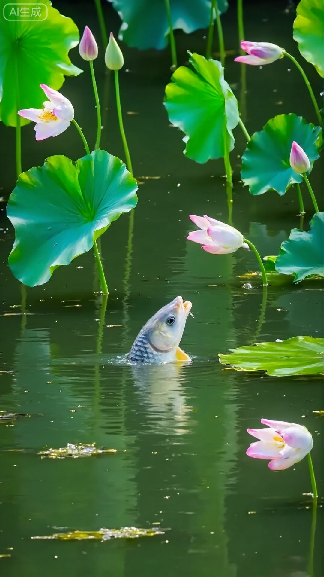 The real scene of lotus flowers in midsummer, 2-3 ***** grass carp (thick, blue-gray on the back, milky white on the abdomen, and slight reflections on the scales) swim among the lotus leaves. Some of the bodies are hidden under the floating lotus leaves, and the tail fins are striking small water lines. The lotus flowers are pink and white in color, both in full bloom (exposed tender yellow lotus pods) and swelling light pink buds. The lotus leaves are staggered in size (parts with crystal dewdrops, slightly curled on the edges), and scattered duckweed floating on the water surface. The sunlight sprinkles from the gaps of the lotus leaves, forming mottled spots on the water surface. Brown silt silt and water grass roots can be vaguely seen at the bottom of the water. The overall atmosphere is like the real lotus pond ecology, and the details are full.