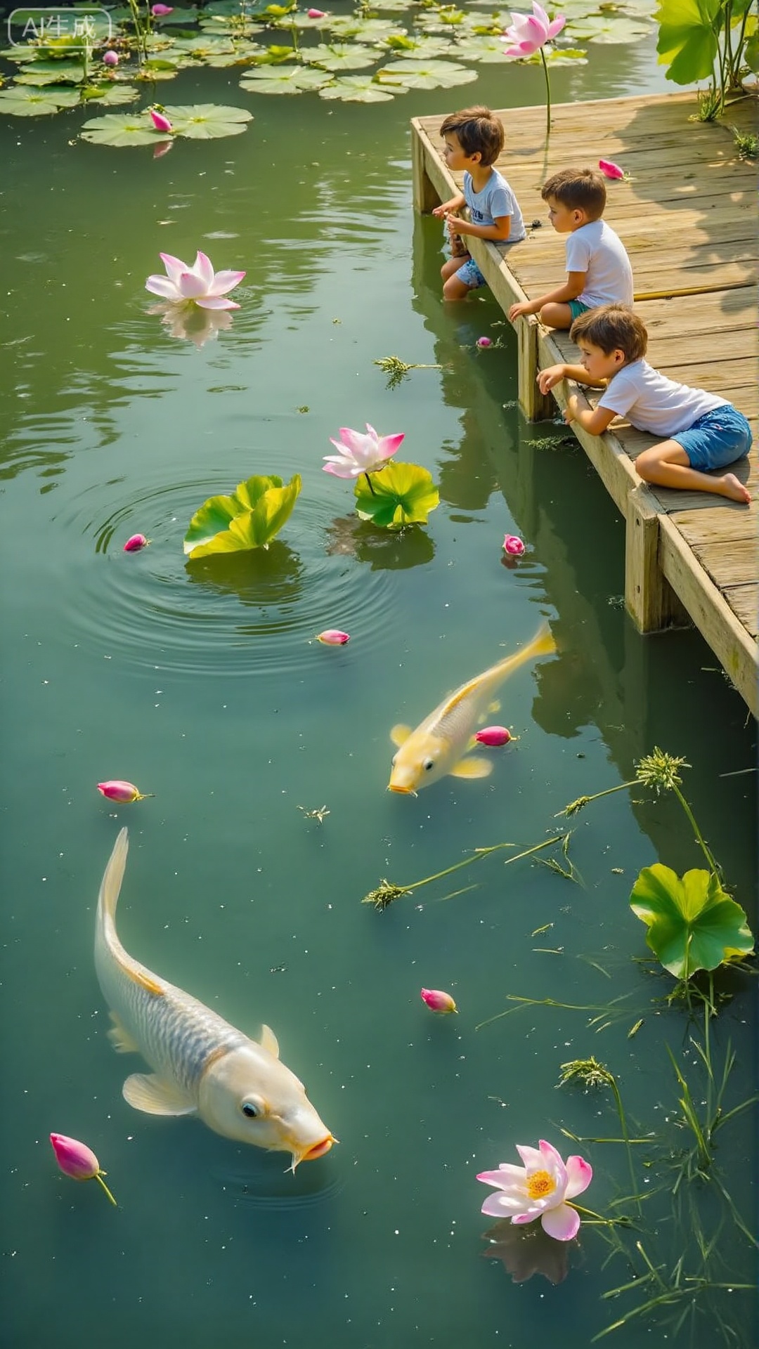In midsummer, there are realistic lotus flowers, 2-3 green and gray grass carp swim slowly among lotus leaves, the tail fins are paddling to create fine ripples, pink and white lotus flowers are blooming or budding, and the lotus leaves are stained with crystal dewdrops; next to the wooden railings on the shore (with natural wood grain, slightly worn), three children (4-6 years old, wearing short-sleeved shorts, bright colors) are lying on the railing, with their elbows supported on the railing, and their bodies lean forward slightly. One of them is fingers on the fish on the water surface, with a focused smile on their faces, and the other two are gathered together to talk softly; the sun is warm in the afternoon, sprinkled on the children's hair tips and railings, and the water surface is shimmering, and the water grass is faintly visible at the bottom of the water. The overall atmosphere is like the real parent-child time in the lotus pond in the park, with realistic and vivid details.