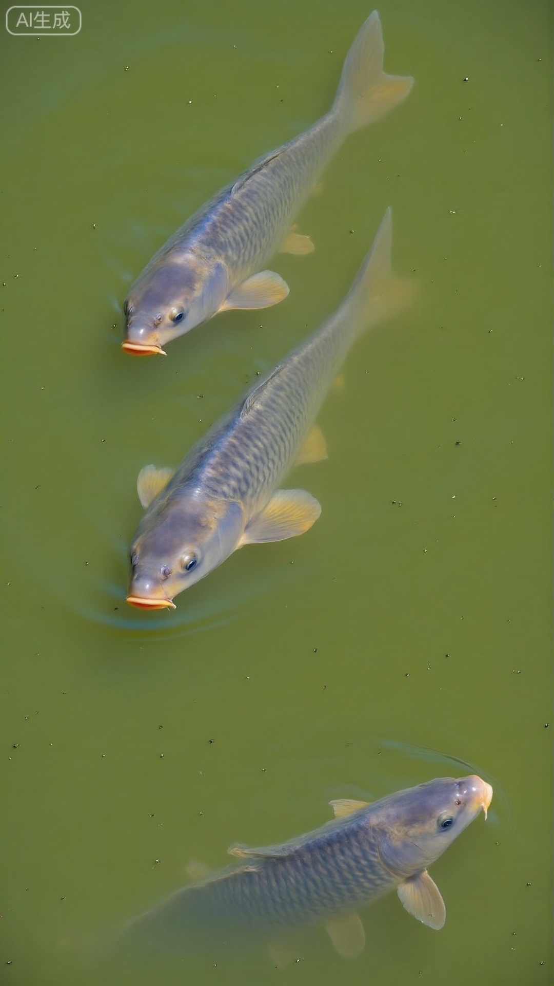 Realistic water surface scenes, 1-2 ***** grass carp (stout, streamlined body, blue-gray on the back, milky white on the abdomen) swim close to the water surface, and when the tail fins slash, there is a pose where the head slightly protrudes out of the water surface, 3-5 green duckweed floats on the water surface, light brown bottom stones can be vaguely seen underwater, sunlight directly hits the water surface to form rippling waves, grass carp scales have natural reflections, the picture has a slight sense of water mist, and the overall atmosphere is close to the real pond ecology.
