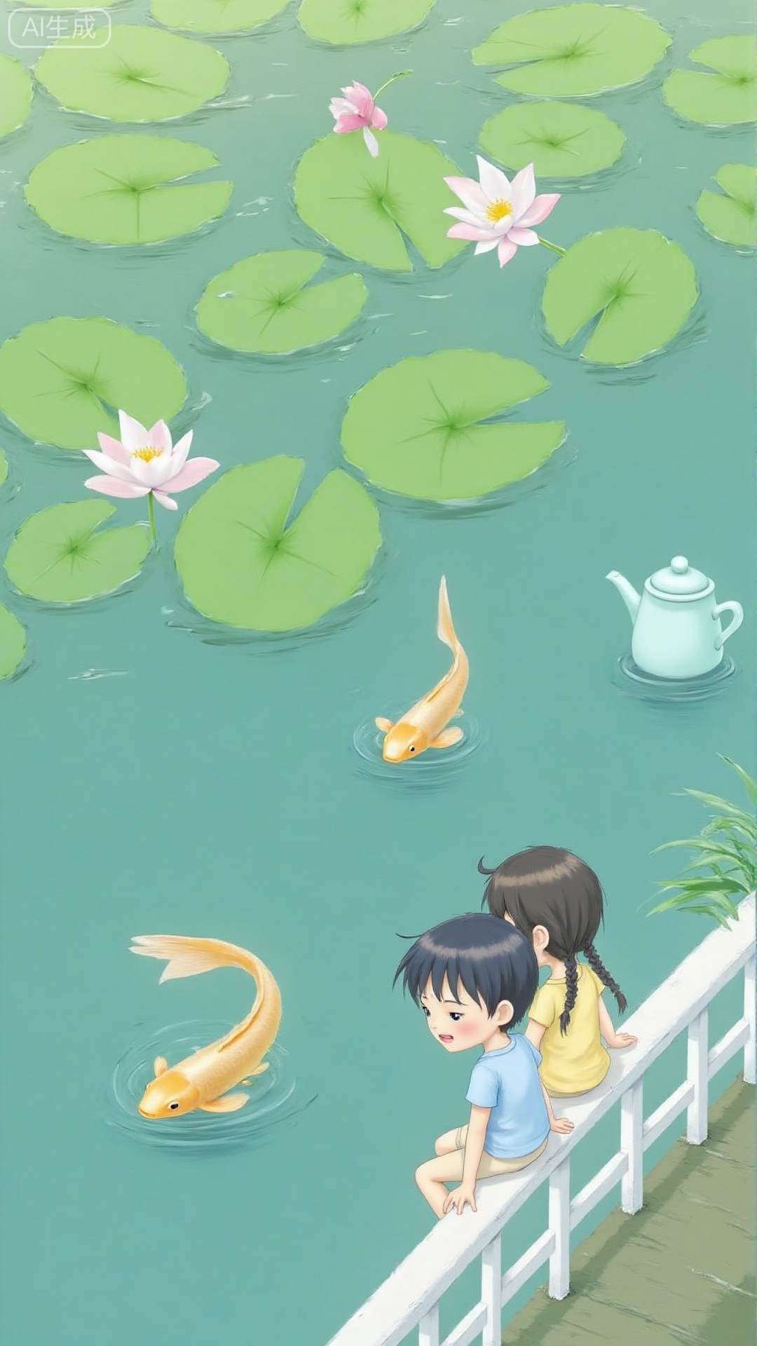 The lotus is swam with light tones, and 2 light green grass carp swims against the bottom of the lotus leaves. The lotus is light pink and beige-white and soft color. The lotus leaves are tender green. The sunlight leaking from the leaves is formed on the water surface; next to the simple white railing (clean lines and no complex patterns) on the shore, 2 children (about 5 years old, one with double braids wearing a light yellow skirt, and one with a light blue T-shirt) are lying on the railing, holding the edge of the railing with both hands, looking at the fish in the water with their heads together, with a light smile on their faces; next to the railing is a small kettle (light blue), with a blurred light green grass, the overall light is soft, the tone is fresh and not dazzling, and the atmosphere is warm and healing.