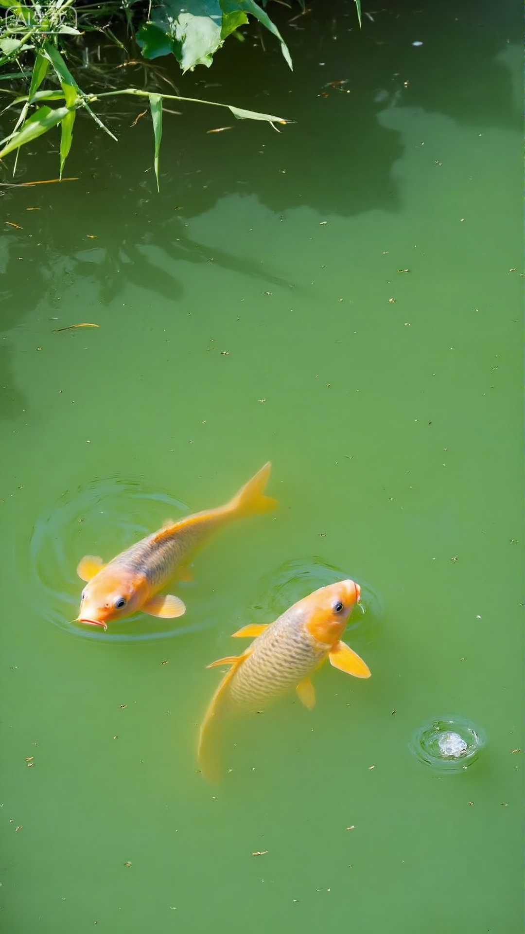 On the water surface of the pastoral wind pond, two large grass carp swim slowly on the water surface, with a light golden luster on both sides of the body, ripples appearing on the water surface, and a few green reeds hanging down to the water surface on the shore, with green lotus leaves on the background (partially exposed to the water surface), the sunlight is a warm afternoon soft light, and a small amount of white water foam floats on the water surface, the overall color is fresh green, blue and yellow, with soft brushstrokes, and the atmosphere is quiet and comfortable, like a daily picture of a rural pond.
