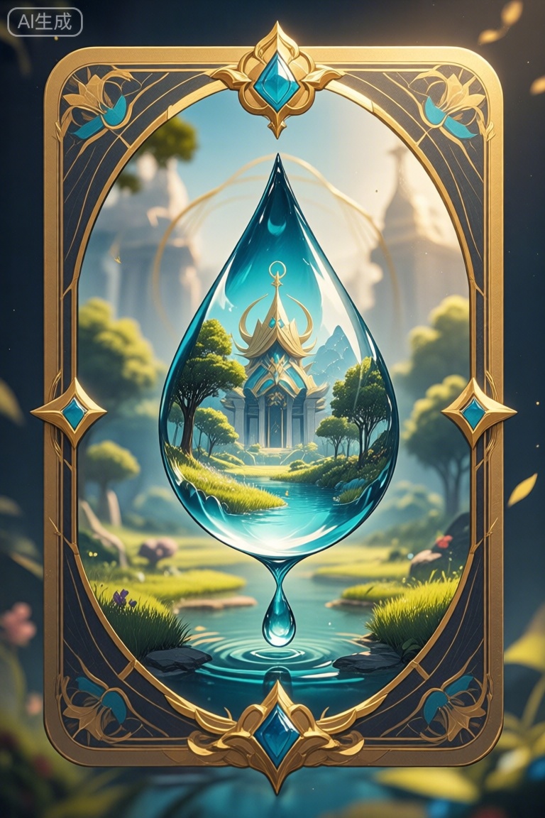 Game cards, exquisite borders, masterpieces, perfect symmetry, golden ratio, solo,NAHIDA\(genshin impact\),portrait,upper_body,highres,水滴里的景物