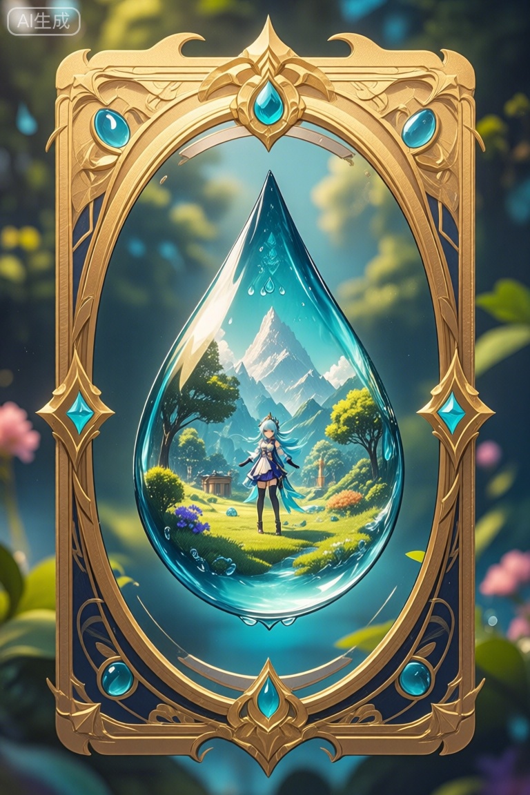 Game cards, exquisite borders, masterpieces, perfect symmetry, golden ratio, solo,NAHIDA\(genshin impact\),portrait,upper_body,highres,水滴里的景物