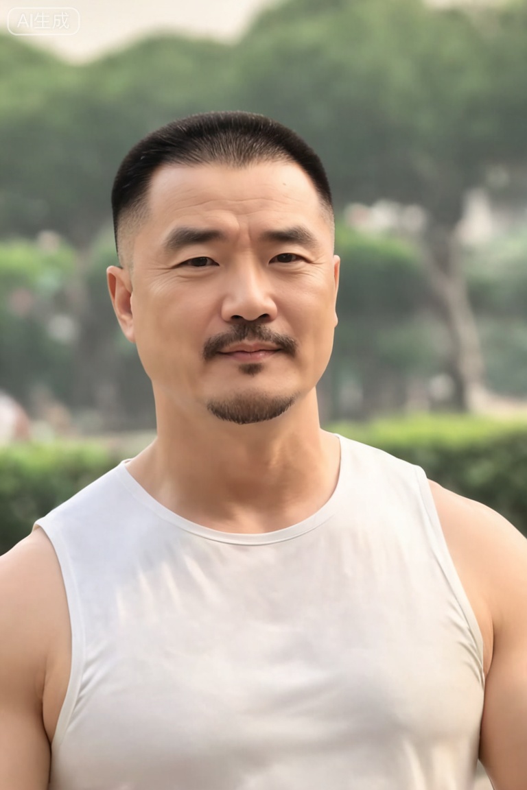 质量词: masterpiece, best quality, amazing quality, very aesthetic, absurdres, highres, newest,
画面风格: realistic, blurry background, simple background,
人物: 1man, middle aged man, male focus, solo,Fat covered muscle physique, 
人物特征: facial hair, closed mouth, lips, thick eyebrows, short hair,
事件: looking at the audience,