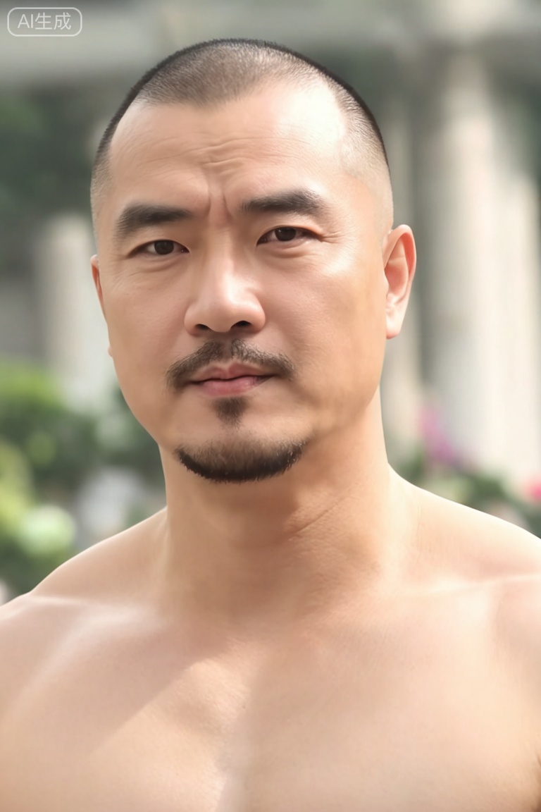 质量词: masterpiece, best quality, amazing quality, very aesthetic, absurdres, highres, newest,
画面风格: realistic, blurry background, simple background,
人物: 1 man, middle aged man, male focus, solo,Fat covered muscle physique, 
人物特征: facial hair, closed mouth, lips, thick eyebrows, short hair,
事件: looking at the audience,