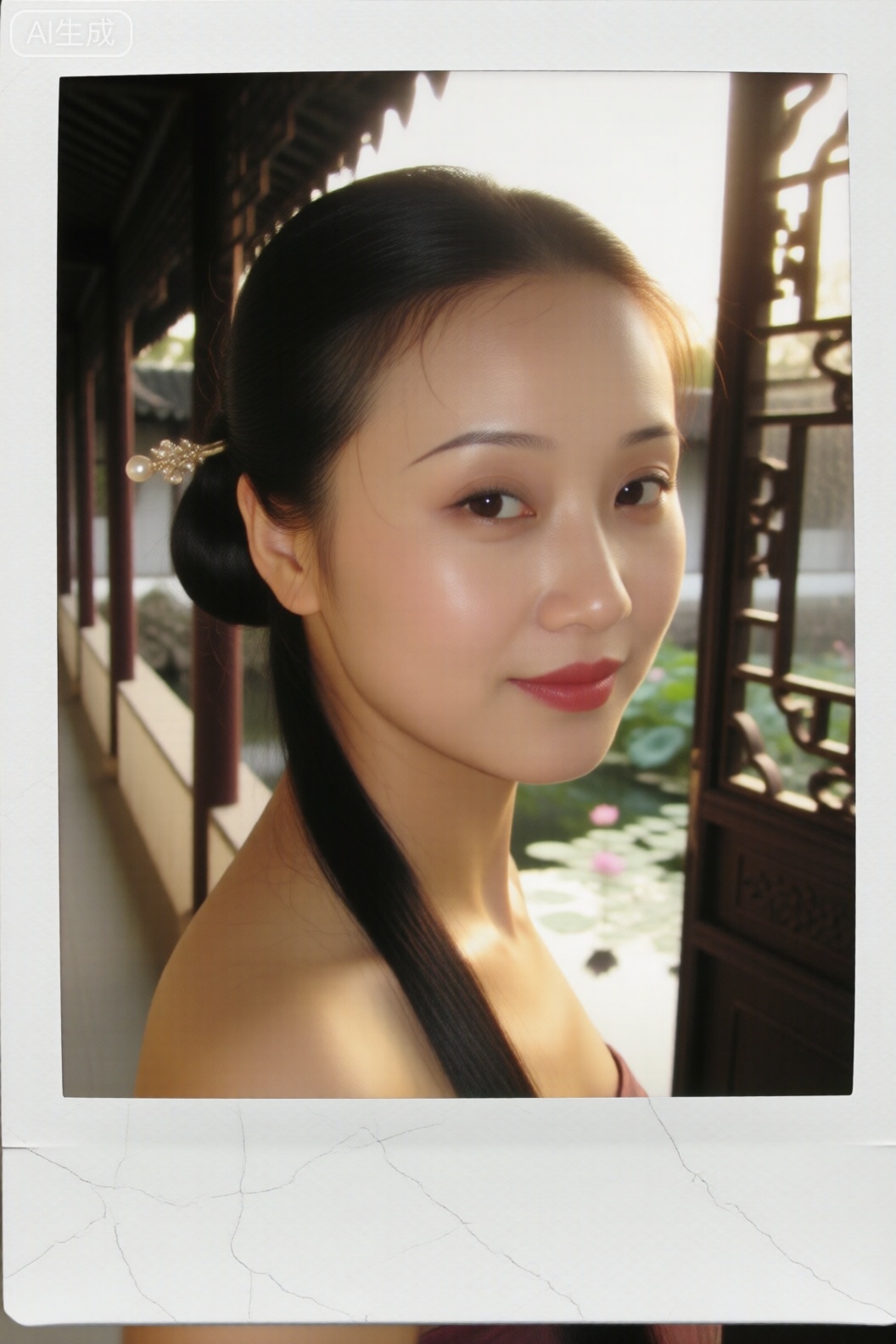 8K超写实宝丽来600型胶片质感1.3
中国美少女面部特写乌黑长发挽低发髻别珍珠发簪柳叶眉豆沙色唇妆脸颊自然红晕身处苏州拙政园水榭回廊左侧45°暖光3200K 光比1:1.2 透过雕花窗棂洒脸身后池水蜿蜒荷花摇曳面部呈宝丽来暖黄偏色相纸边缘卷曲半径3cm 表面划痕密度0.15
使用佳能AE-1相机50mm f/1.8镜头光圈f/2.8 快门1/125s 定格古典温婉气质